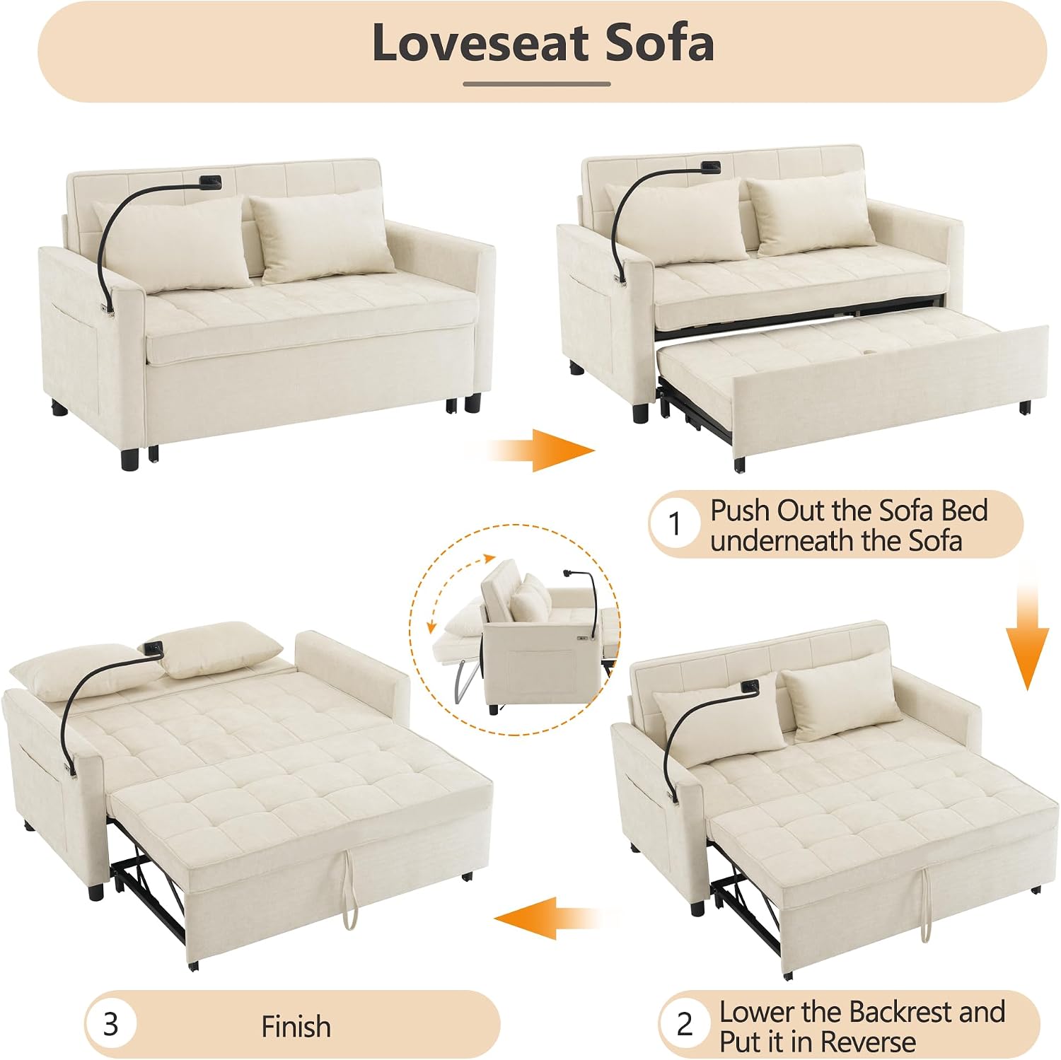 3 in 1 Convertible Sleeper Sofa Bed, 56.9' Small Pull Out Couch Bed with Adjustable Backrest, Chenille Loveseat Couches with Side Pocket, USB Ports&Phone Holder for Small Places (Beige)
