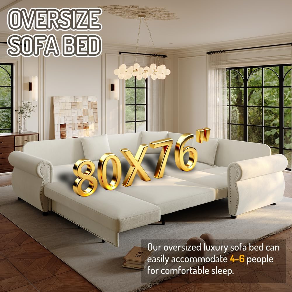 88.2'' Pull Out Couch Bed King, L Shaped Convertible Sleeper Sofa, 4-seater Couches with Rivet Armrests, 3 Pillows, Chenille Upholstery, Futon Sofa Bed for Living Room, Apartment, Office, Beige