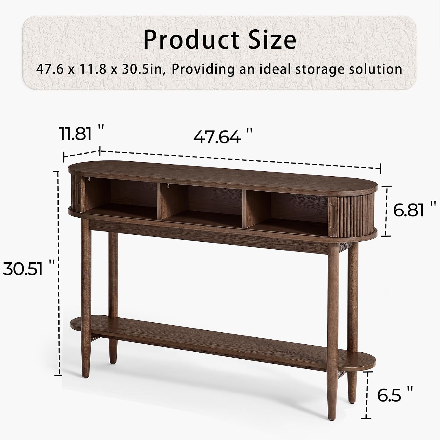 LINSY Fluted Console Table with Storage, Entryway Table Wood Entrance Tables for Front Door, Behind Couch Sofa Table with Shelves, Foyer Tables for Hallways, Living Room Vintage Furniture, Walnut