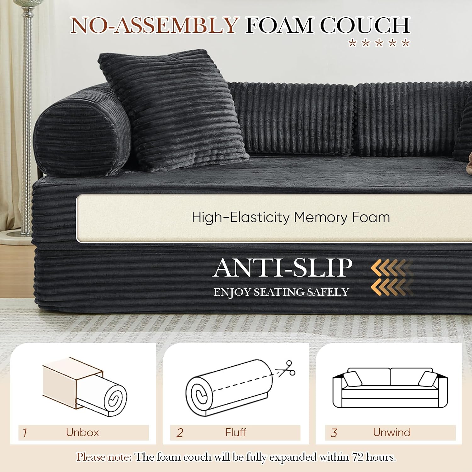 Antetek Modular Couch Bed, Convertible Folding Plush Corduroy Comfy Floor Compression Loveseat Sleeper Sofa Couch, King Size Bed for Guest Room Living Room Bedroom, No Assembly Required, Dark Grey