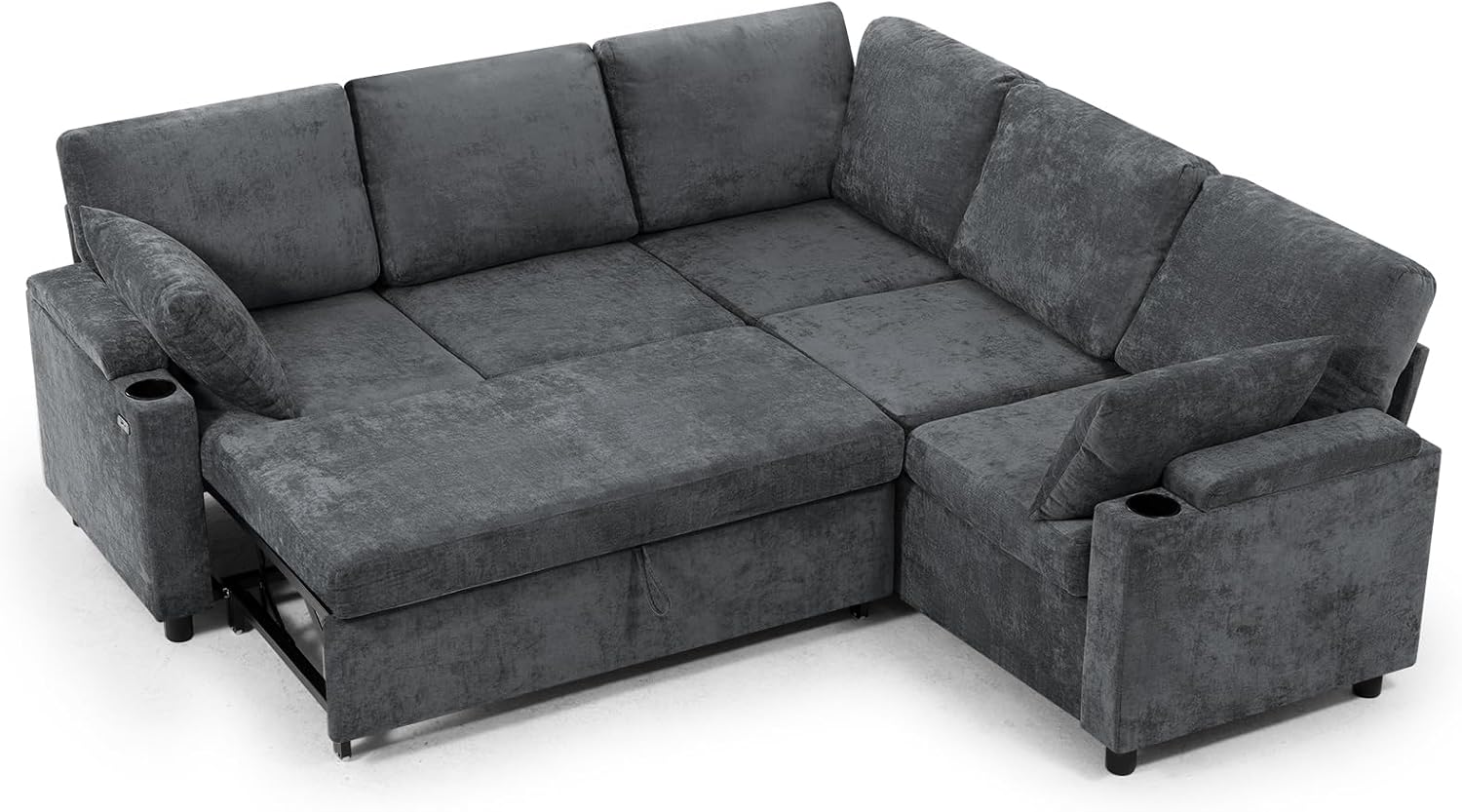 85' Chenille Reversible Sectional Sofa w/Pull Out Bed, Upholstery L-Shaped Couch w/Storage Armrests & Cup Holders, Modern Corner Sofa w/USB Charging Port & Throw Pillow for Living Room, Grey
