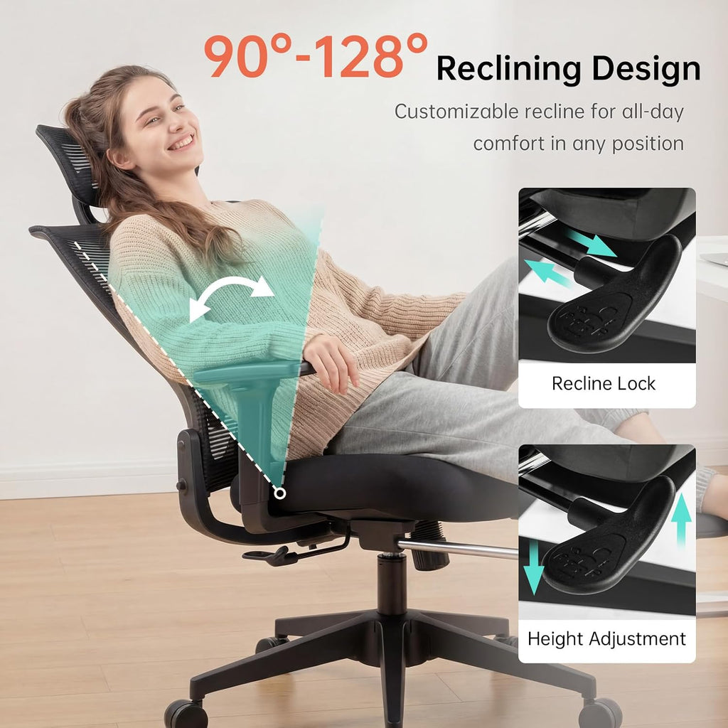Foldable Office Chair with Foot Rest, Ergonomic Office Chair with Adjustable Lumbar Support, Headrest, Armrest, Home Office Desk Chairs for Space Saving, Work from Home, Black
