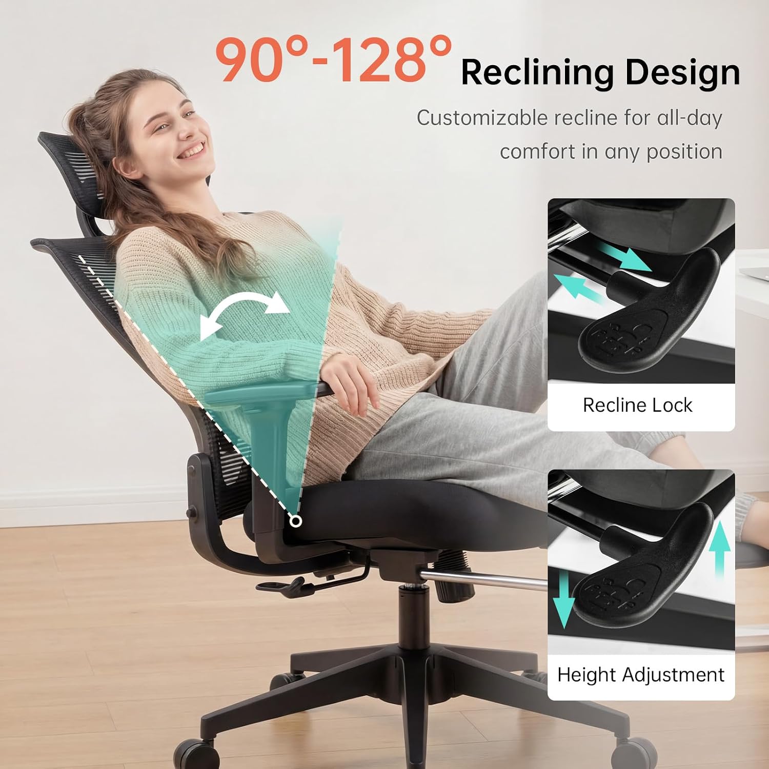 Foldable Office Chair with Foot Rest, Ergonomic Office Chair with Adjustable Lumbar Support, Headrest, Armrest, Home Office Desk Chairs for Space Saving, Work from Home, Black