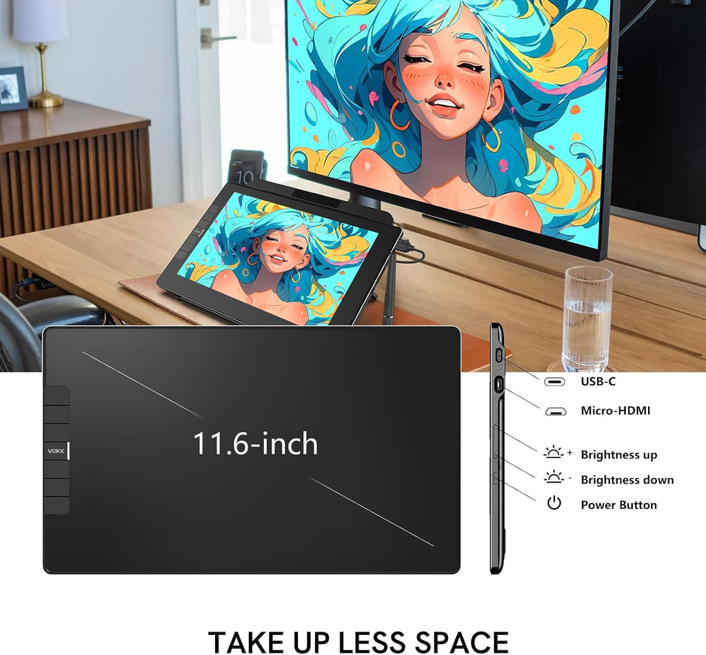 VEIKK VK1200V2 Drawing Tablet with Screen,11.6 Inch Full-Laminated Graphics Drawing Monitor,Upgraded 16384 Pressure Sensitivity, 2 Styluses, 120% sRGB,Graphics Tablet for PC Mac Linux Windows