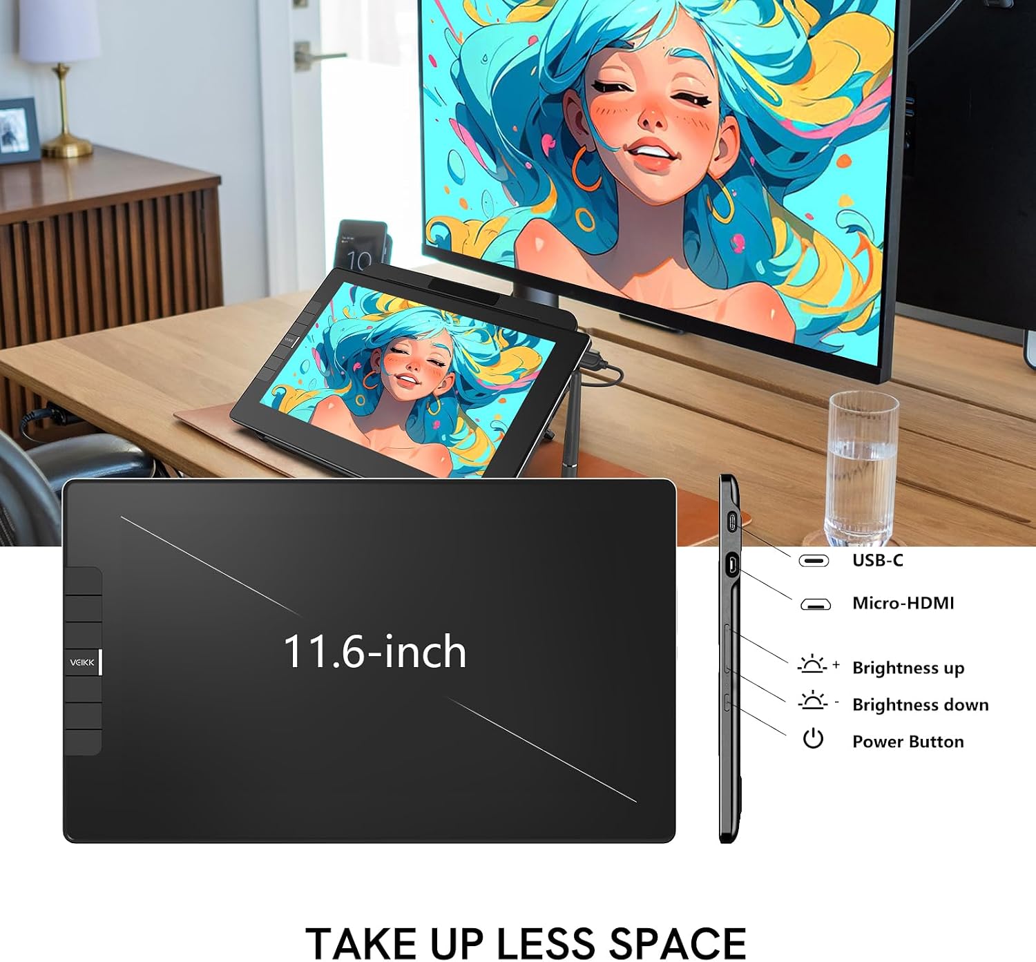 VEIKK VK1200V2 Drawing Tablet with Screen,11.6 Inch Full-Laminated Graphics Drawing Monitor,Upgraded 16384 Pressure Sensitivity, 2 Styluses, 120% sRGB,Graphics Tablet for PC Mac Linux Windows