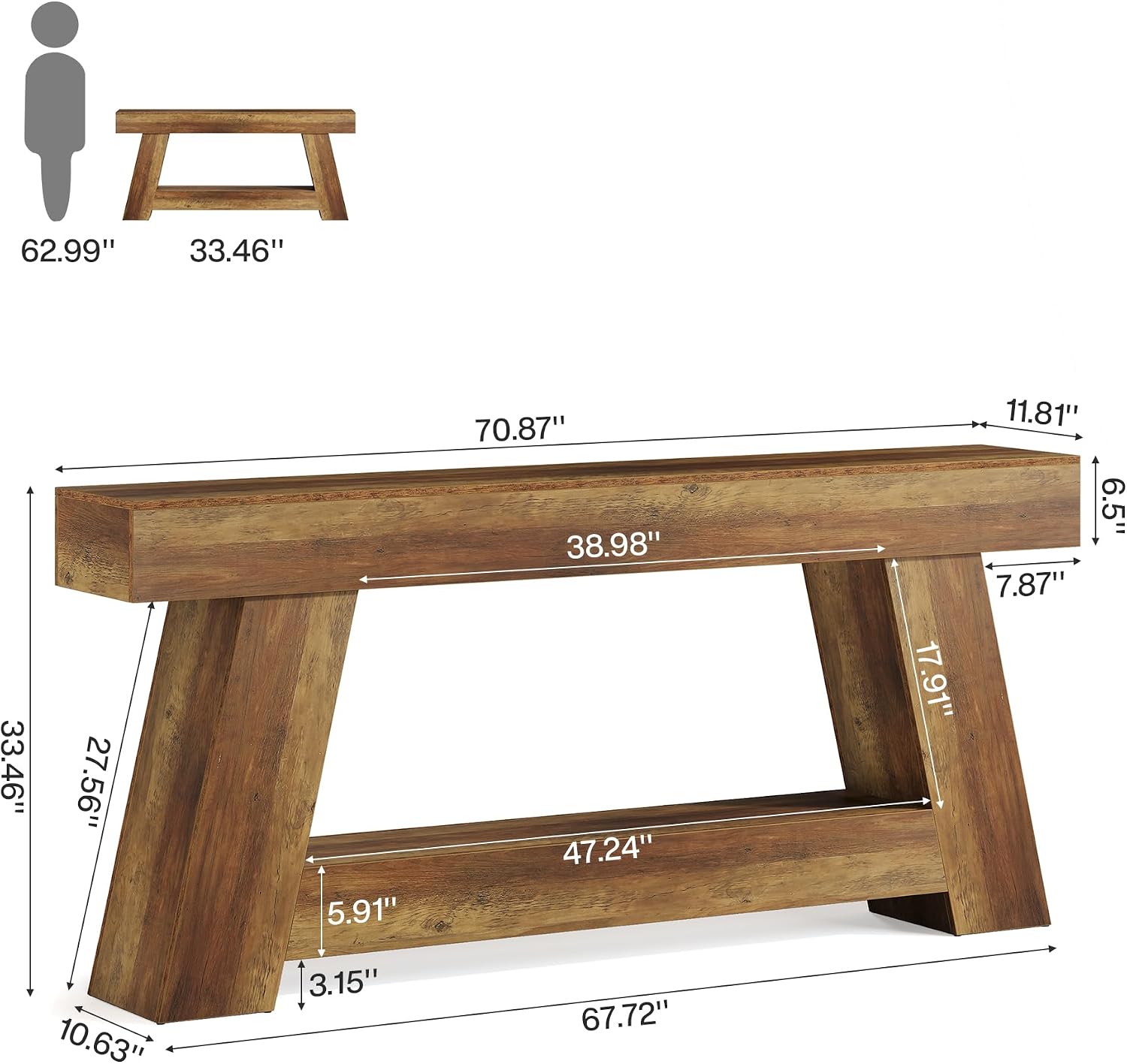 Tribesigns 70.9 Inch Long Console Tables, Farmhouse Entryway Table with Storage, 2-Tier Sofa Table Behind Couch for Entrance, Hallway, Living Room (Rustic Brown)