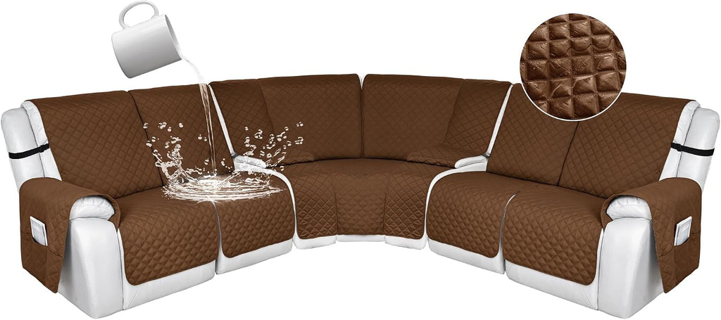 HDCAXKJ 100% Waterproof Reclining Sectional Couch Covers L Shape Recliner Sofa Cover Washable Quilted Soft Pet Dog Corner Recliner Slipcovers with Pockets (5 Seat and 2 Middle Console, Chocolate)