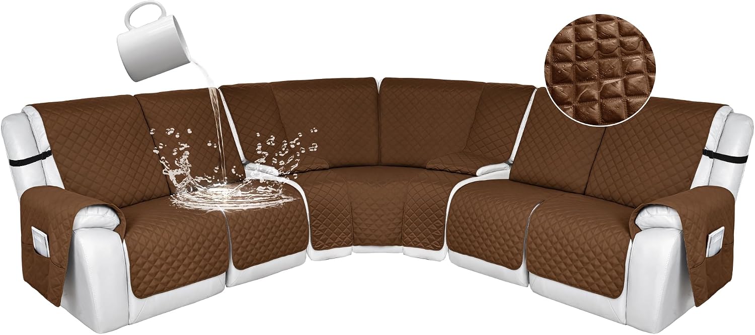 HDCAXKJ 100% Waterproof Reclining Sectional Couch Covers L Shape Recliner Sofa Cover Washable Quilted Soft Pet Dog Corner Recliner Slipcovers with Pockets (5 Seat and 2 Middle Console, Chocolate)