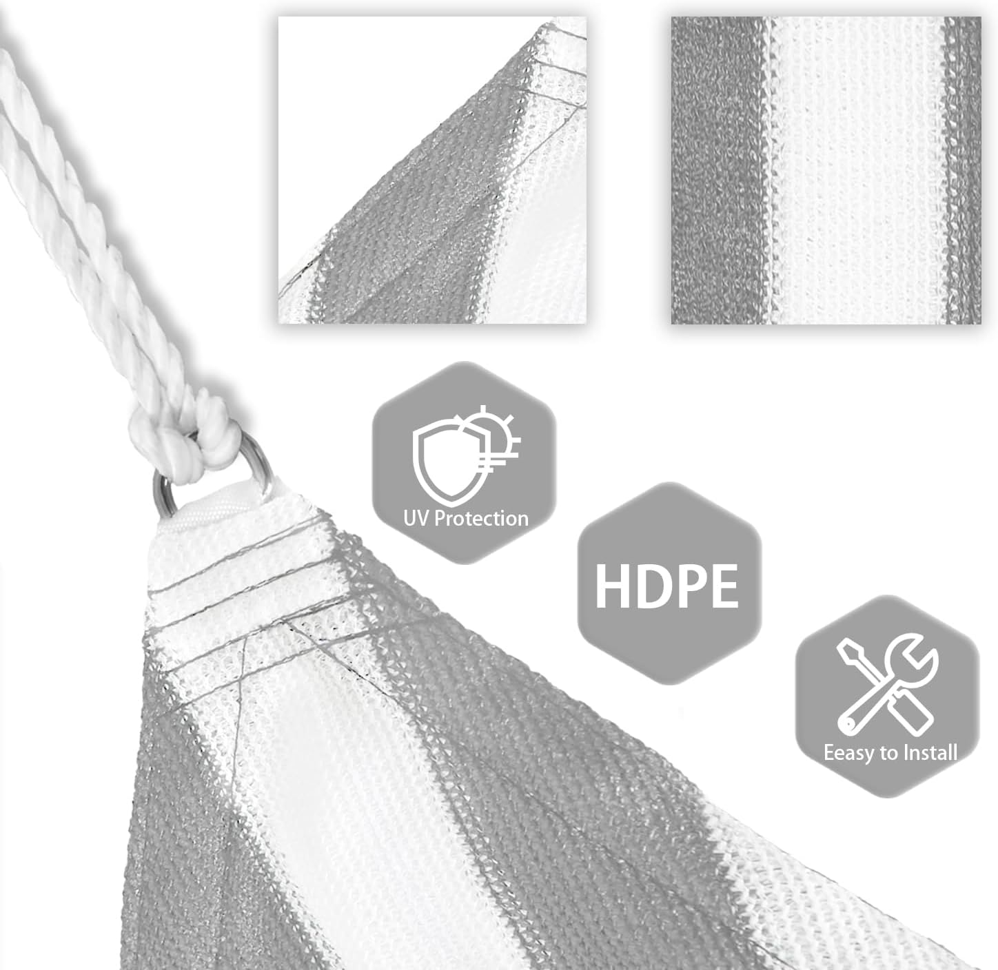 Patio Paradise 20' x 20' x 20' Sun Shade Sail Triangle Canopy Shade Cloth Fabric Sunlight Block Patio Pergola Cover HDPE Deck Awning for Outdoor Backyard Roof Shading, Gray White Strip