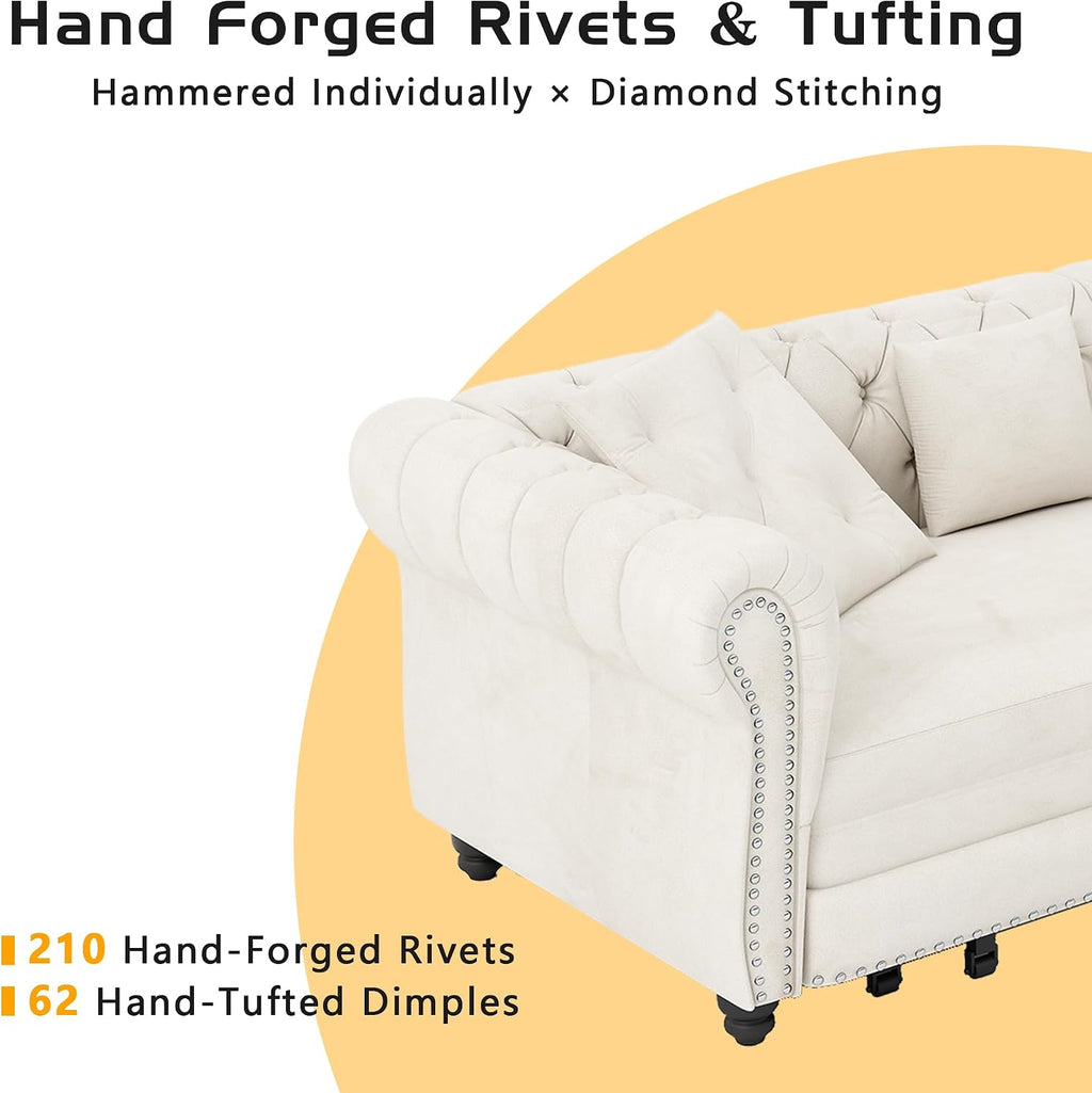 89' King Pull Out Sofa Bed, Velvet Chesterfield Sleeper Sofa Couch, 3 in 1 Convertible Tufted Futon Couches with Ottoman for Living Room, Small Space, Apartment, Bedroom, Office, Beige