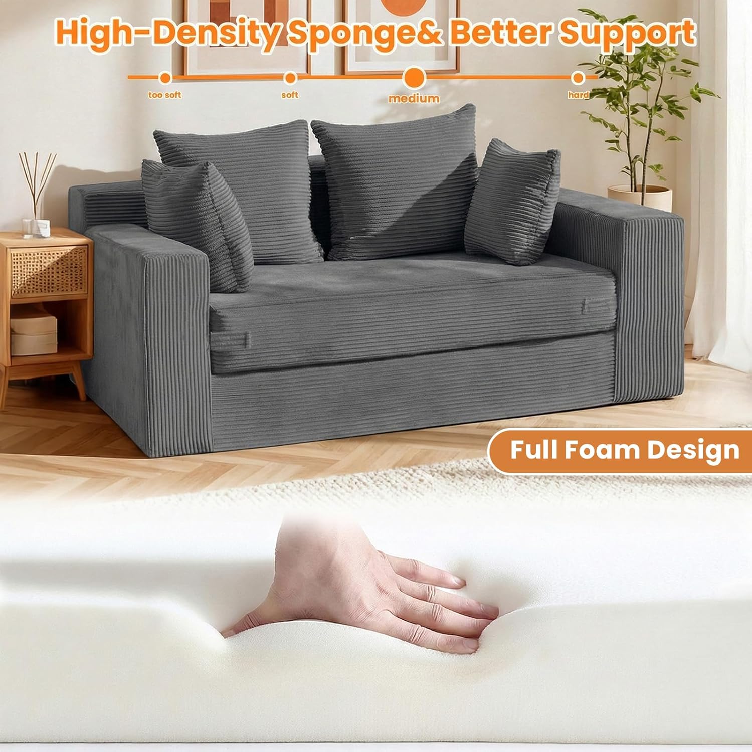 Winzon Boneless Loveseat, 3 in 1 Convertible Sofa Bed Sleeper Sofa Floor Futon Bed with 4 Pillows, 55' Grey Boneless Couch for Living Room, Guest Room, Small Space, No Assembly Required, Corduroy
