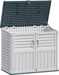 JUMMICO Resin Outdoor Storage Shed, 34 Cu Ft Horizontal Storage Cabinet with Shelves for Trash Cans, Garden Tools, Pool Supplies (Beige)