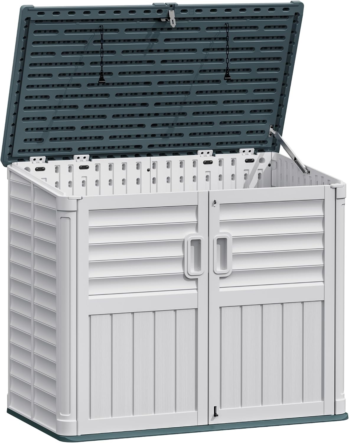 JUMMICO Resin Outdoor Storage Shed, 34 Cu Ft Horizontal Storage Cabinet with Shelves for Trash Cans, Garden Tools, Pool Supplies (Beige)