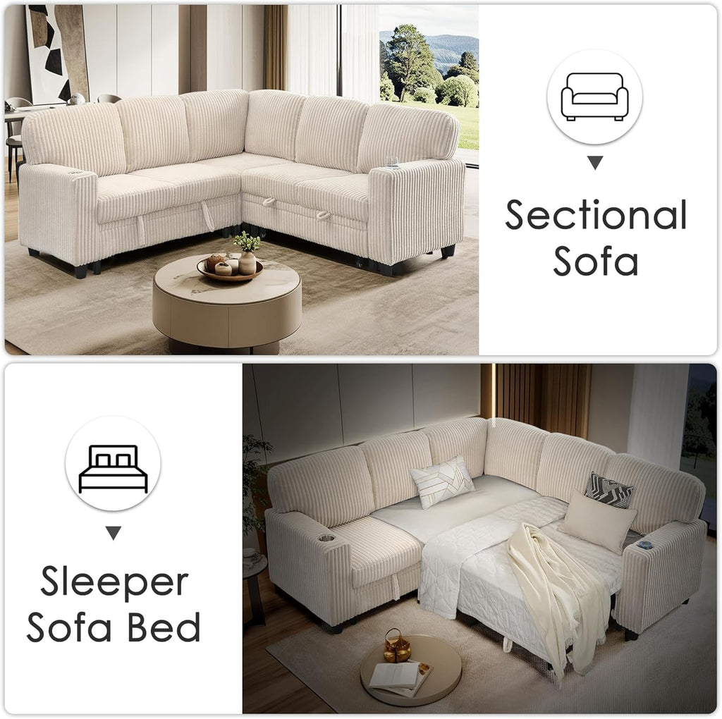 81' Modular Sectional Sofa, L Shaped 5-Seater Sleeper Sofa with Pull Out Bed, Hidden Storage, Cup Holders & USB Charging Ports, Sectional Couches for Living Room, Corduroy, Beige