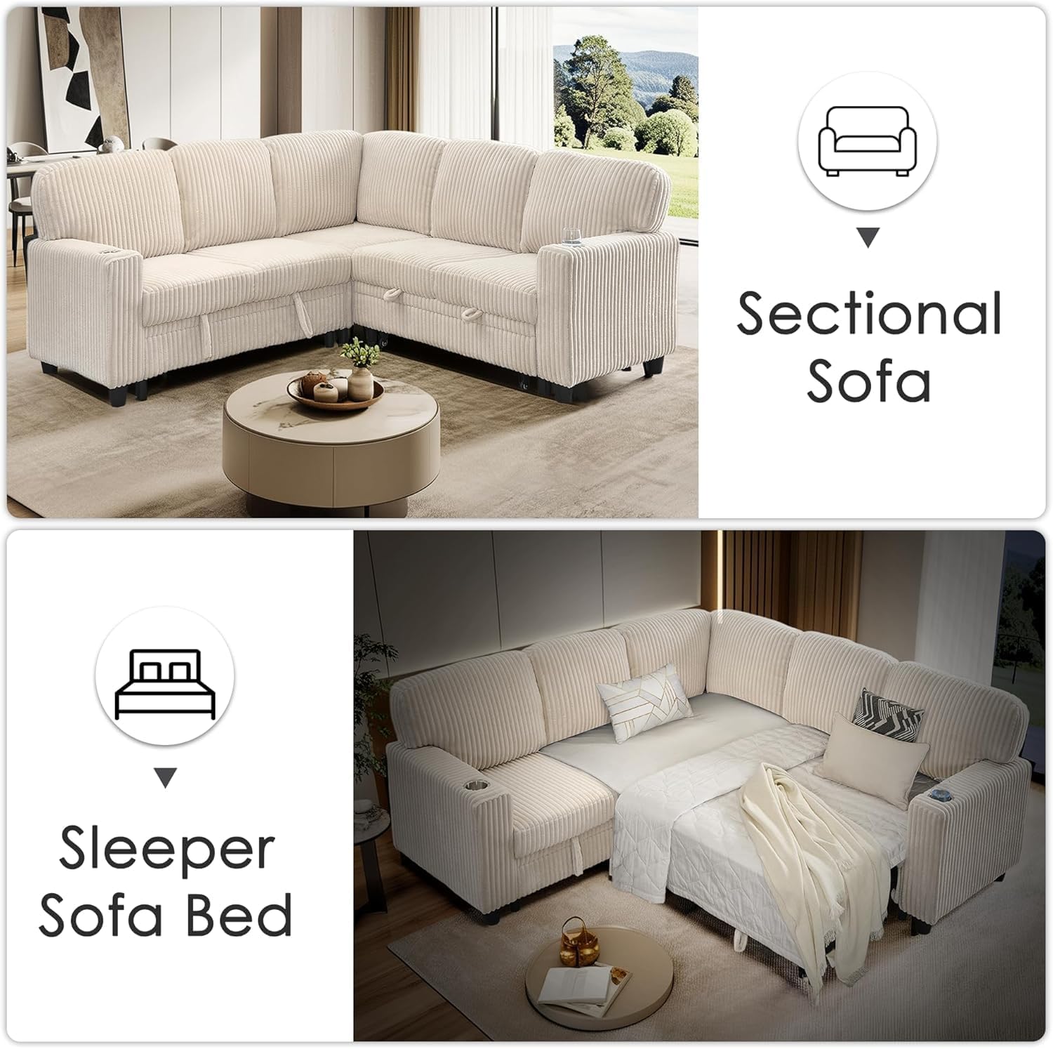 81' Modular Sectional Sofa, L Shaped 5-Seater Sleeper Sofa with Pull Out Bed, Hidden Storage, Cup Holders & USB Charging Ports, Sectional Couches for Living Room, Corduroy, Beige