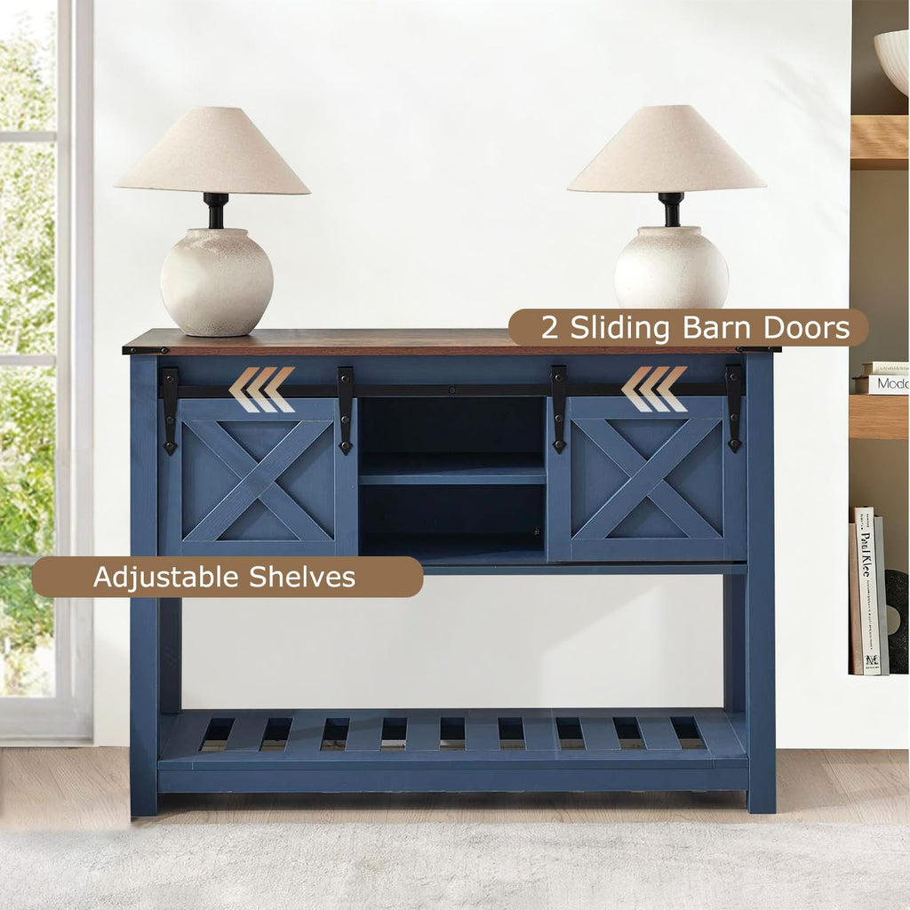 Farmhouse Entryway Table with Sliding Barn Doors, Wood Console Table with Storage Shelf, Rustic Sofa Table for Living Room, Entryway, Foyer, Blue