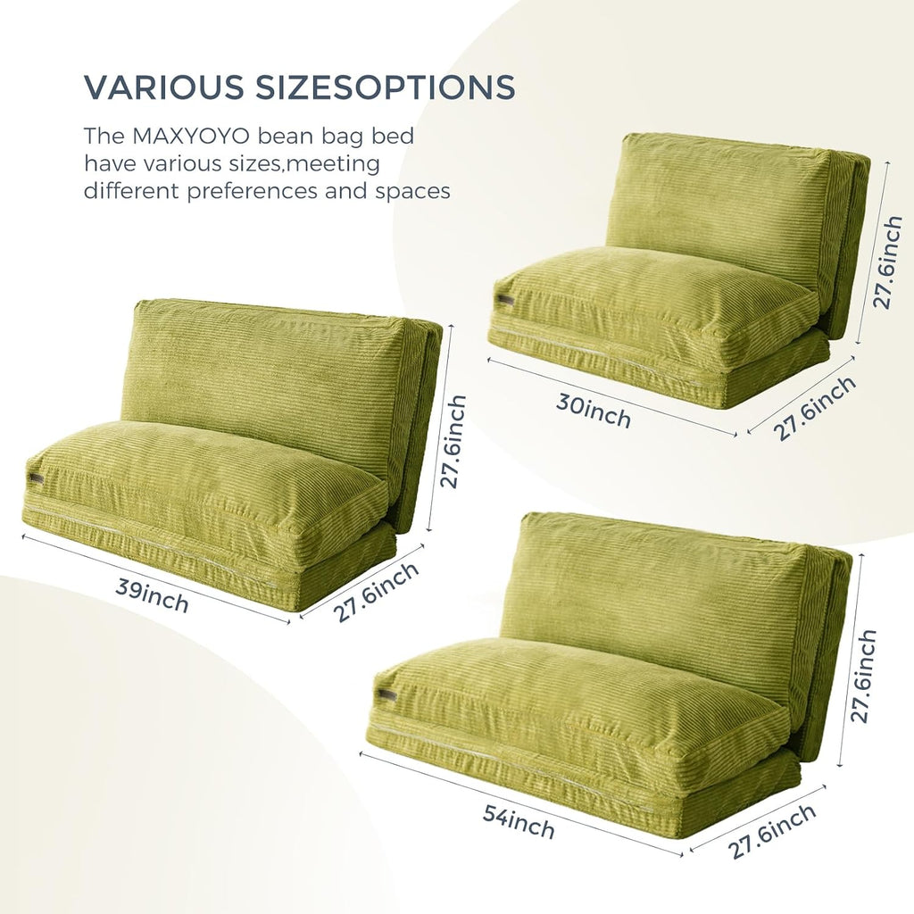 MAXYOYO Folding Sofa Bed, Extra Thick and Long Floor Sofa Convertible Sleeper Chair with Washable Cover, Floor Couch Lounge Bean Bag Bed for Living Room, Green, 30x95 Inch