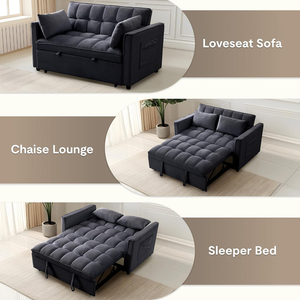 FLEXISPOT XCT4 Pull Out Couch, 3-in-1 Loveseat Sleeper Sofa Bed with Adjustable Backrest, Pillows, Side Pockets, Convertible Futon Sofa for Small Spaces, Apartment, Dorm, Guest Room, Black