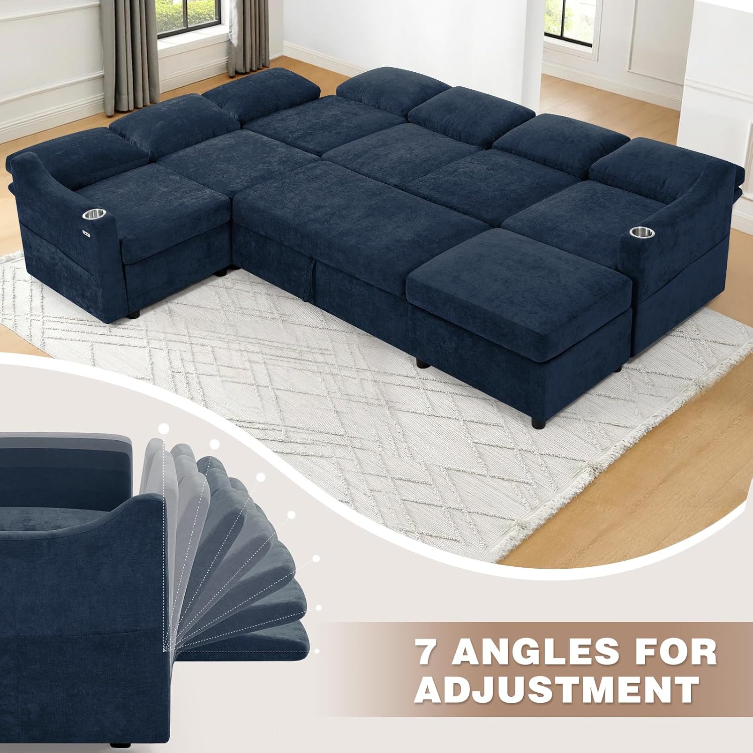 116' Chenille Modular Sofa Bed w/Adjustable Backrests, U-Shape Sleeper Sofa w/USB Ports & Storage Space, Convertible Corner Sectional Couch w/Pull Out Bed for House, Living Room, Blue