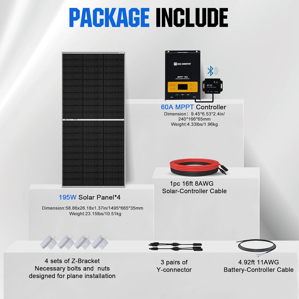ECO-WORTHY 800W 12V Mono Solar Panel Off Grid RV Boat Kit: 4pcs195W Solar Panels + 12V 60A MPPT Charger Controller+ Bluetooth Module 5.0 + 16Ft Solar Cable + Z Mounting Brackets