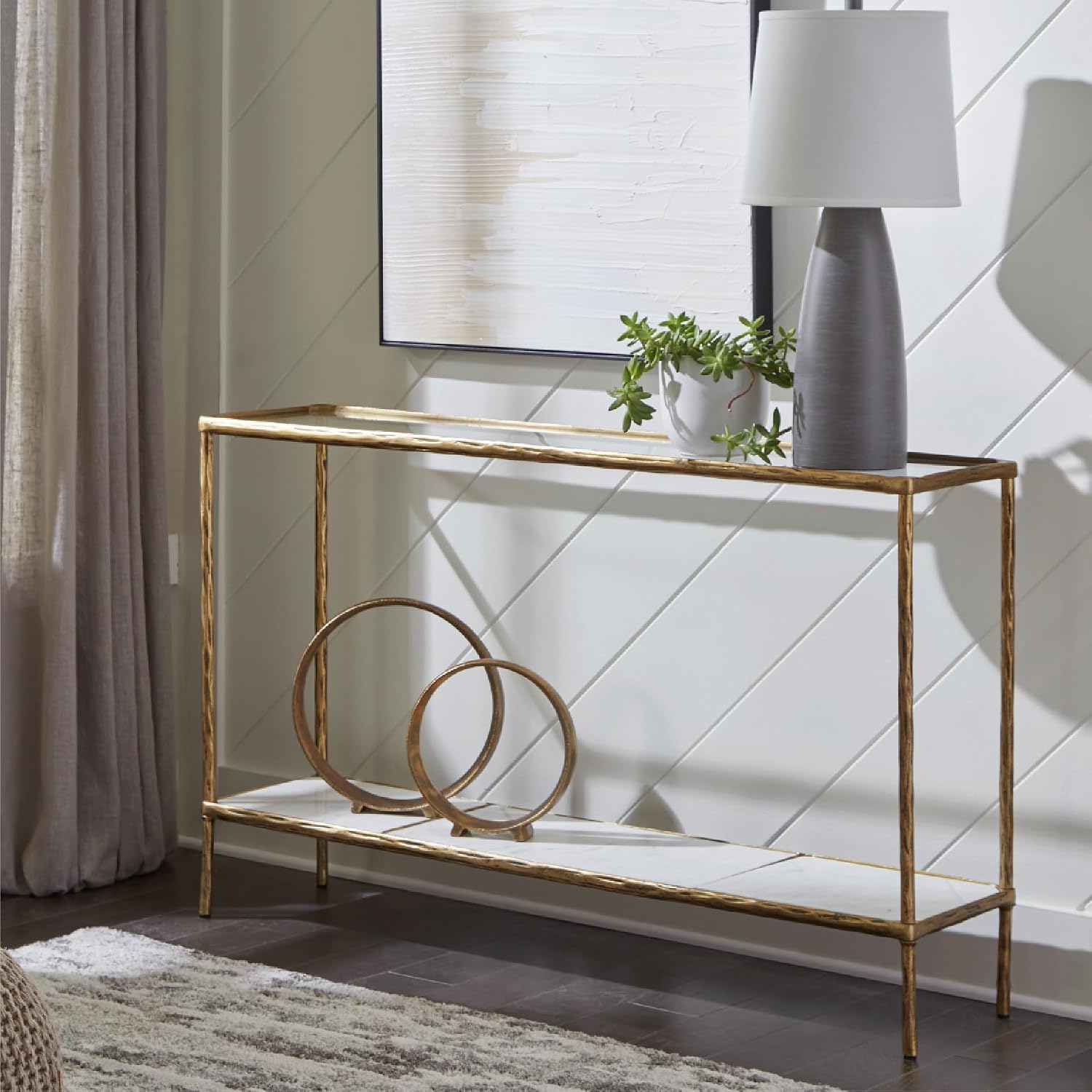 Signature Design by Ashley Ryandale Console Sofa Table, Glass Tabletop, White Marble Lower Shelf, Sand Casted Aluminum, 52' W x 12.5' D x 32.75' H, Antique Brass Finish