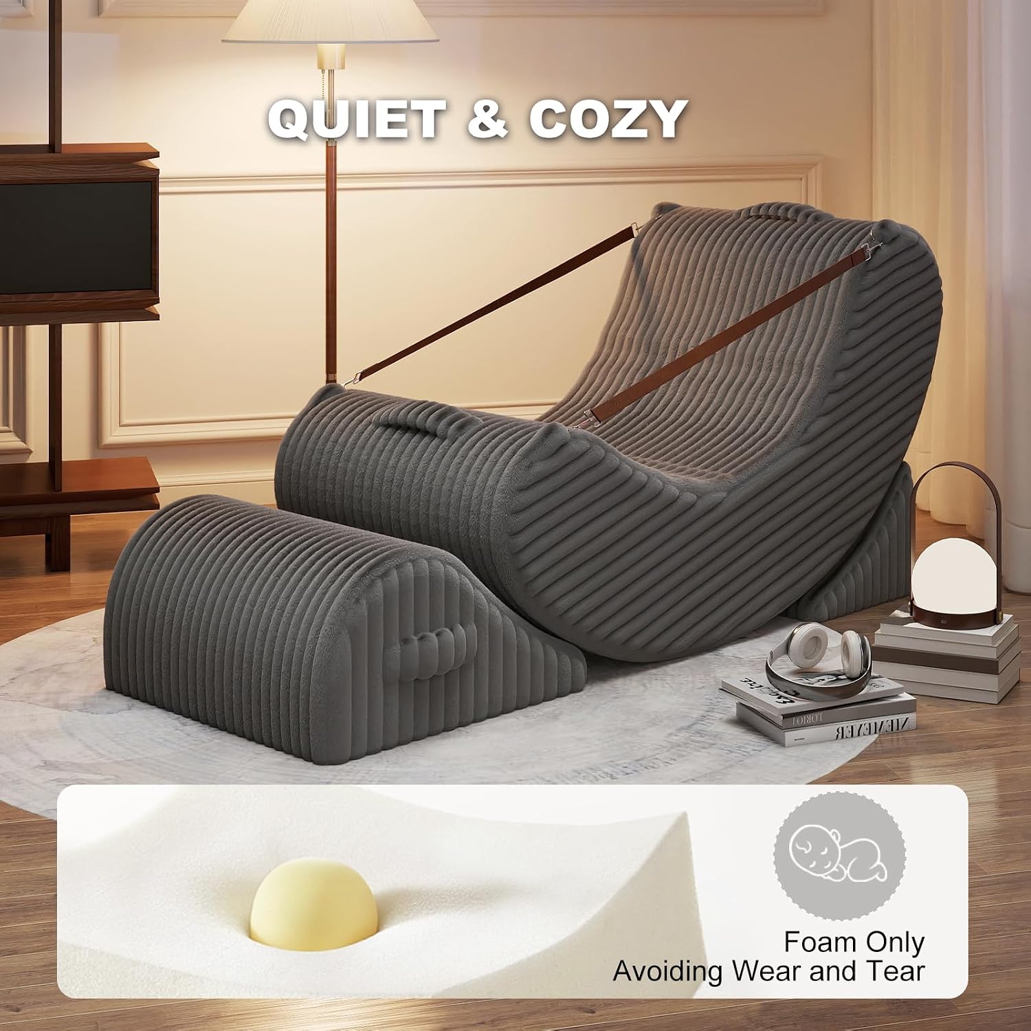 3-in-1 Adjustable Zero Gravity Floor Chair, Oversized Corduroy Boneless Chair for Adults with Memory Foam & Washable Cover, Silent Rocker Recliner Lounge Chair for Reading, Nursing, Gaming, Gray