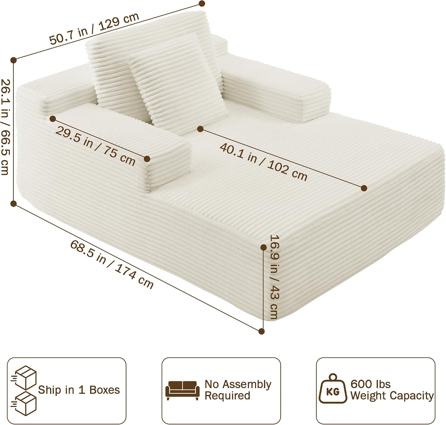 68.5' Oversized Chaise Lounge Chair Indoor, Boneless Sleeper Sofa Bed with Pillows, Deep Seat Sleeper Couch Reading Chairs, Cloud Sofas Couches for Living Room, No Assembly Required