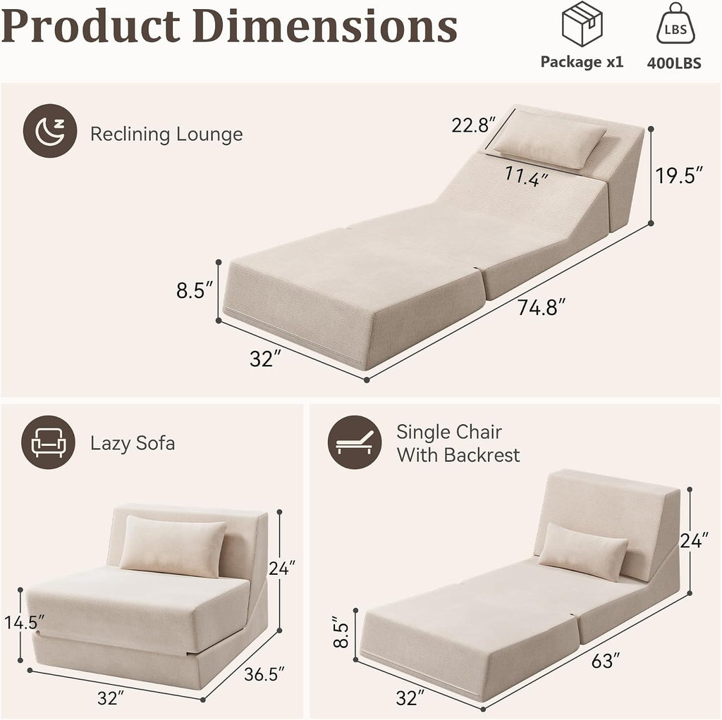 Fold Out Chair Bed, Folding Sofa Bed with High-Density Support Foam, Portable 3 in 1 Convertible Chair Bed Sleeper for Adults, Versatile Floor Couch for Living Room Bedroom, White | Washable Cover, Sleeper Chair, Folding Sofa Bed