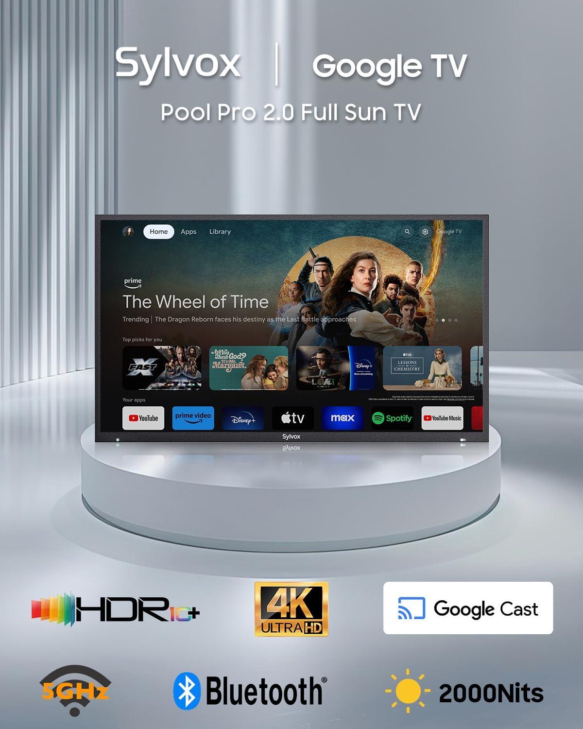 SYLVOX Outdoor TV, 55-Inch Waterproof Smart TV, 2000 nits Full Sun TV, 4K, Dolby Atmos, HDR10, Weatherproof Television with Voice Assistant Remote (Pool Pro 2.0, Latest Model)