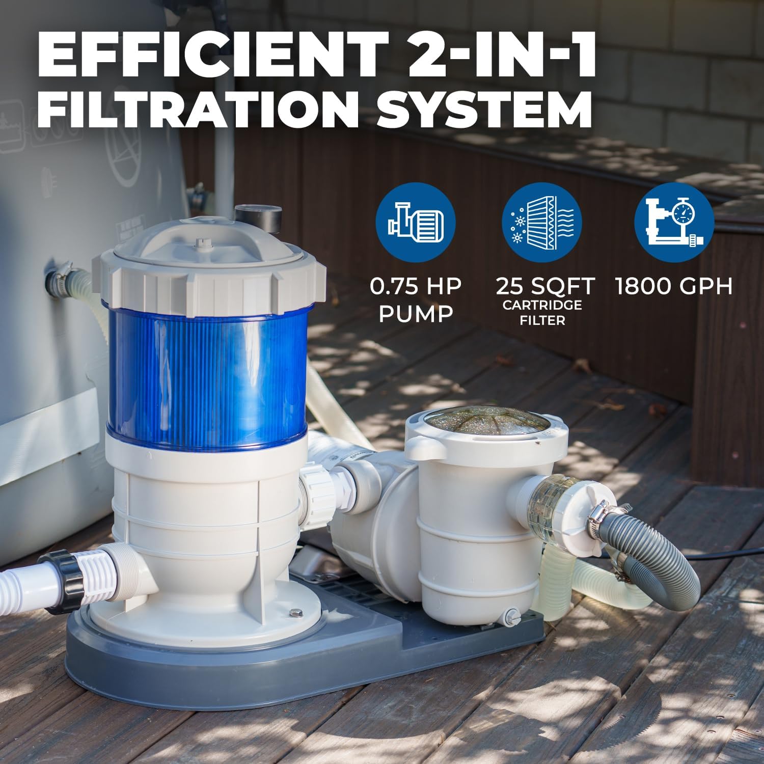 XtremepowerUS 1,800 GPH Pool Cartridge Filter System w/Pool Pump for Above Ground Swimming Pool Up To 18,000 Gallons, 1.5' Ports Includes Hoses and Adaptors