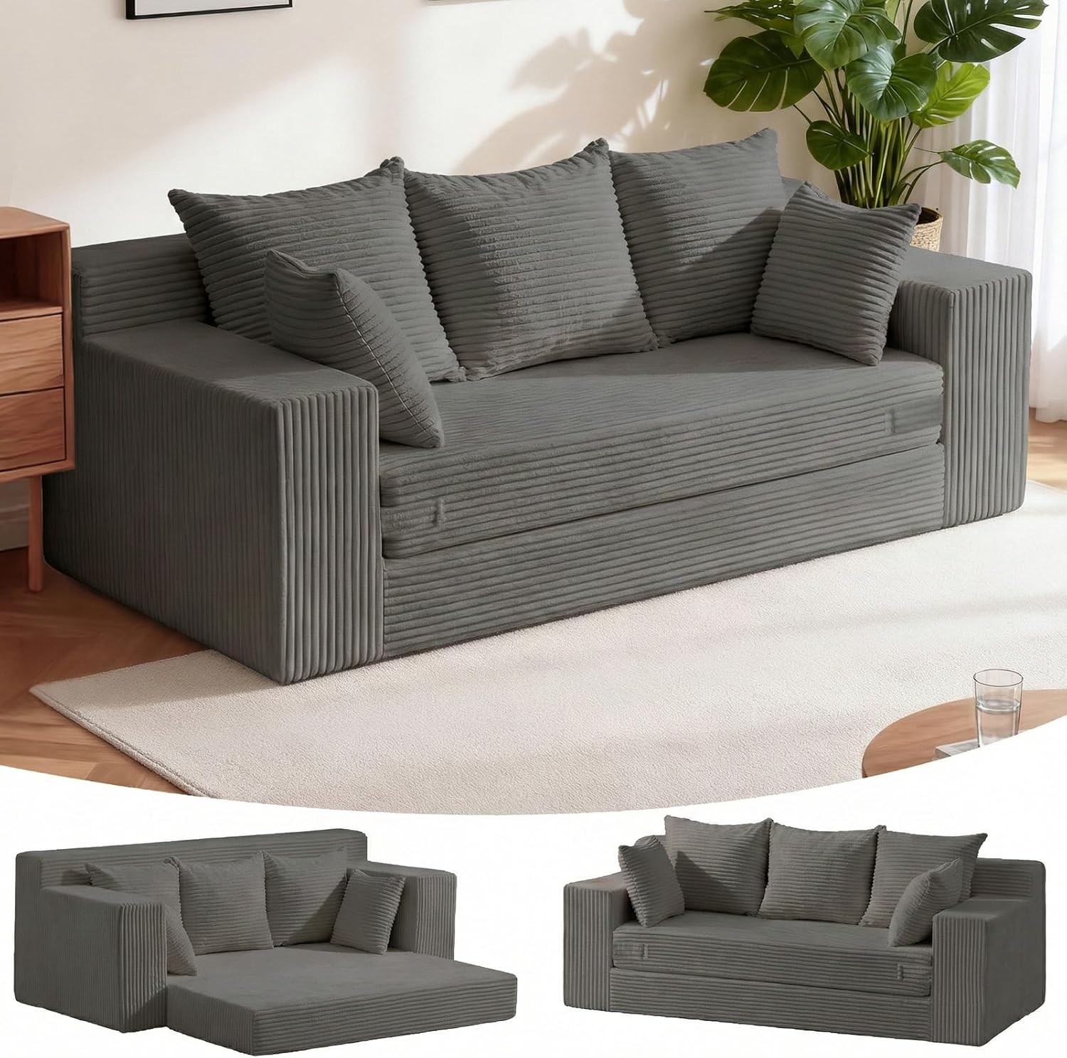 Oversized Boneless Loveseat, 3 Seater Pull Out Convertible Sofa Bed, 70' Gray Boneless Couch Fold Out Floor Couch Sleeper Sofa with 5 Pillows for Living Room Bedroom Lounge Small Space