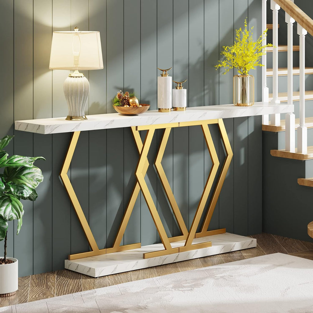 Tribesigns 70.9 Inch Extra Long Sofa Table， White and Gold Console Table with Faux Marble Tabletop, Modern Long Entryway Table with Gold Frame