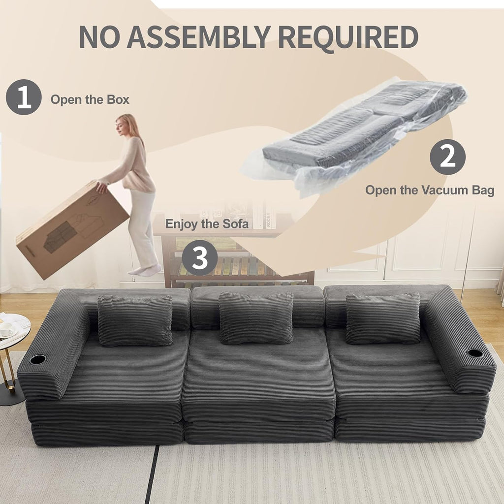 118' Oversized Convertible Floor Sofa Bed, Boneless Foldable Mattress Cloud Couch with Pillow Back & Armrest, Fold Out Floor Couch with Cup Holder for Living Room Bedroom Lounge, Corduroy, Dark Grey