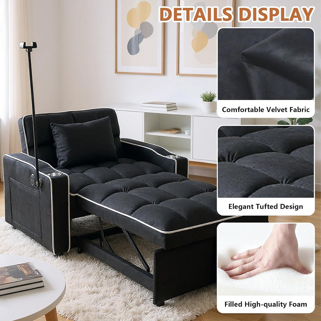 Majnesvon Modern Velvet Fabric Sofa Bed Futon,3 in 1 Convertible Pullout Bed Couches with 3 Reclining Backrests,Phone Stand,Small Sofa Single Sleeper Chair Bed for Living Room Bedroom (Black)