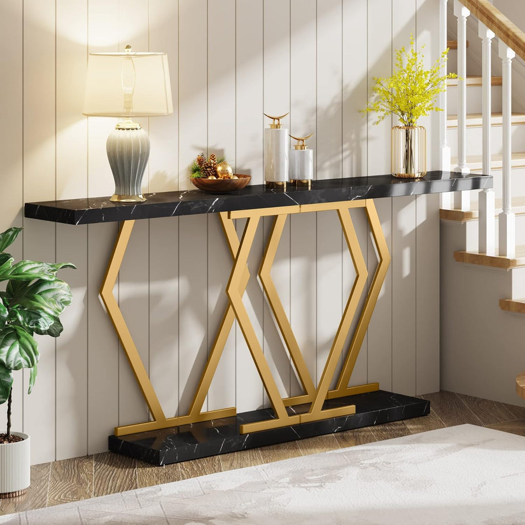 Tribesigns 70.9 Inch Extra Long Sofa Table，Black and Gold Console Table with Faux Marble Tabletop, Modern Long Entryway Table with Gold Frame