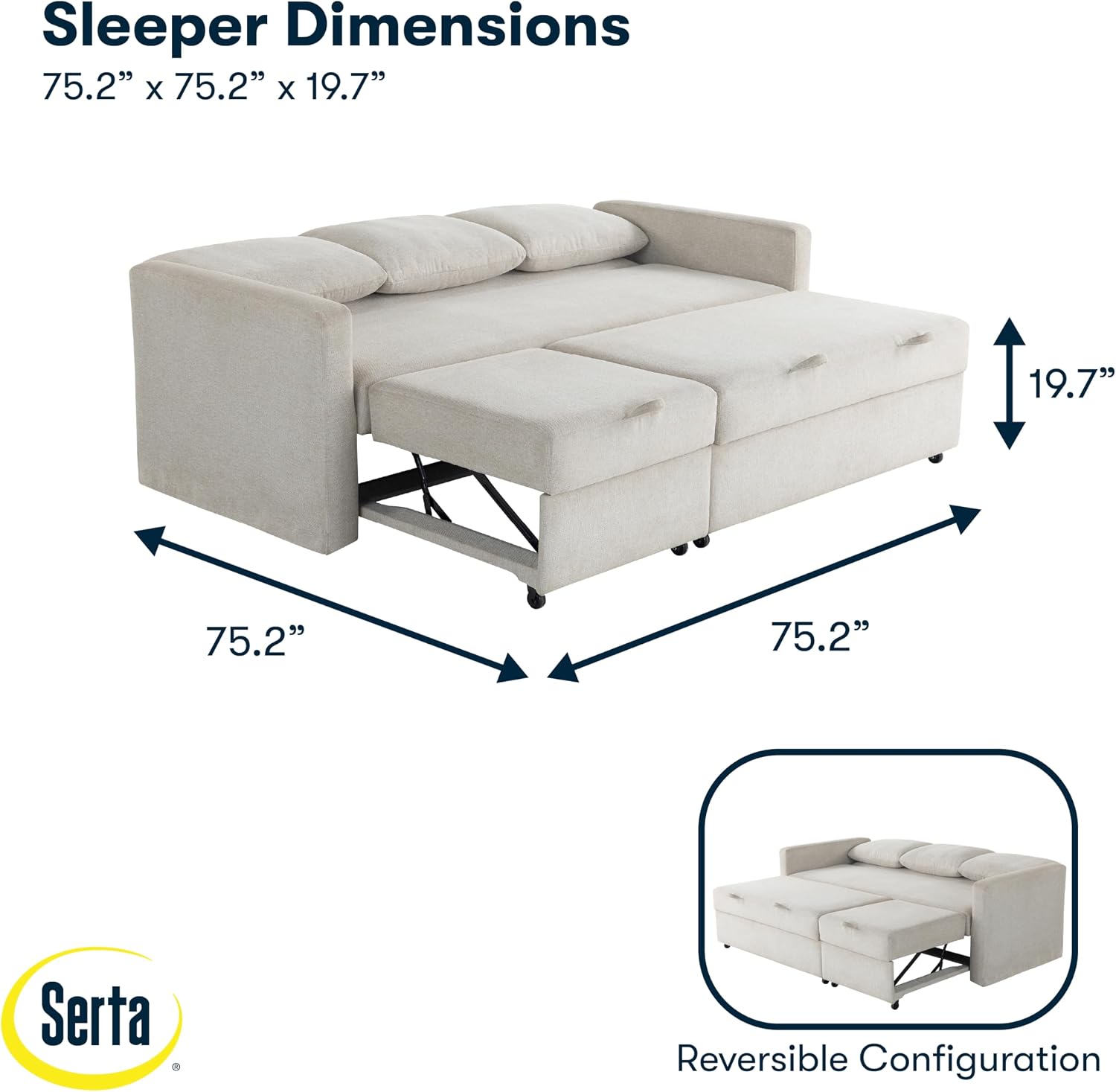 Serta® Marshall 83.9' King-Size Convertible Sectional Sofa, Reversible Design, Dream Coil® Comfort, Fingerguard® Pinch Point Protection, Woven Polyester Fabric, Ivory