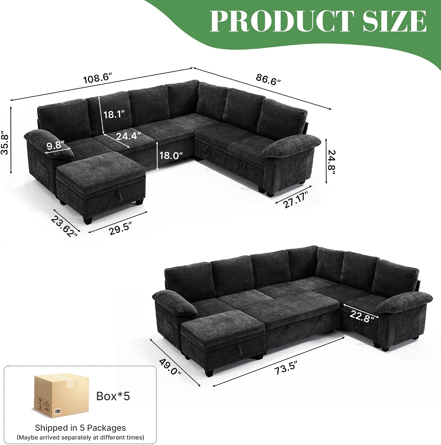Modular Sectional Sofa Sectional Couches for Living Room with Pull Out Bed Sleeper Sofa L Shaped with Storage, Convertible Sofa Bed with Removable Sofa Cover(7 Seats Black)