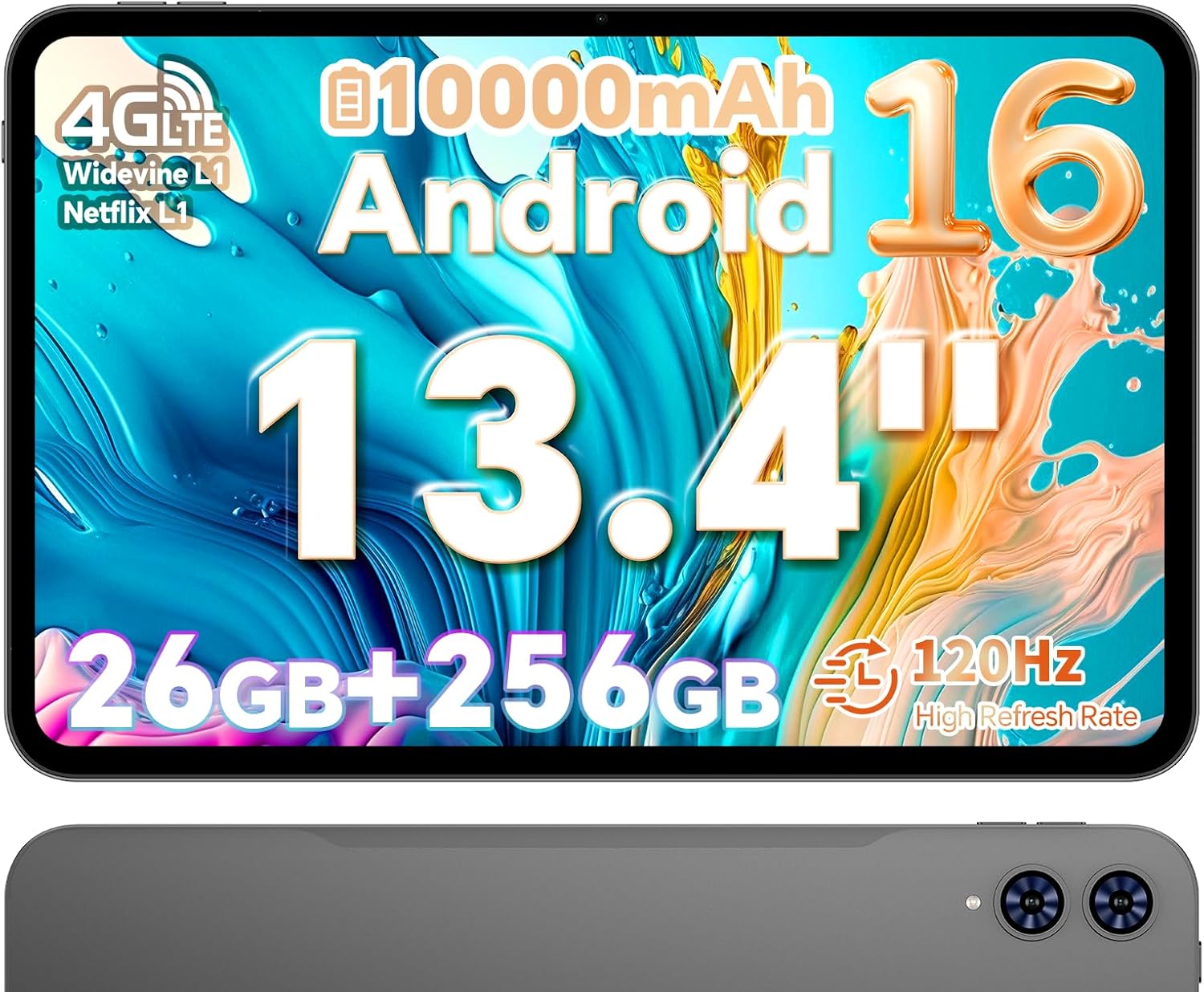TECLAST Android 16 T65 13.4 inch Large Tablet, 256GB ROM, 12H 10000mAh Battery, 120Hz 1920x1200 IPS Display, 2.2Ghz Octa-Core Processor, 2.4/5G Wi-Fi+4G LTE, GPS, Ideal for Streaming and Learning