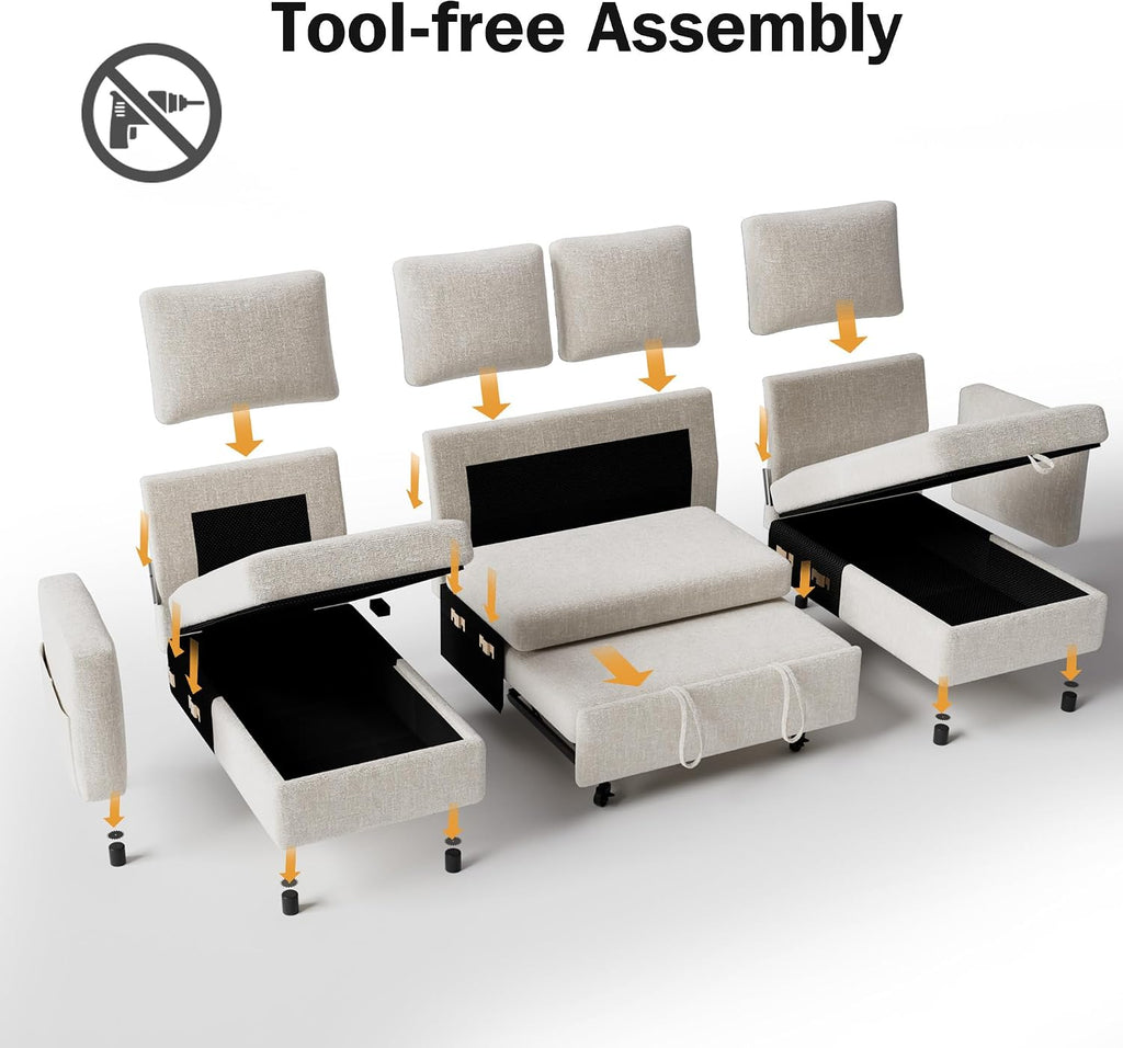 Vipbear 106' Sectional Sleeper Sofa with Pull Out Bed, U Shaped Couch Sleeper Sofa Bed, Pull Out Couch with Reclining Backrest, Double Storage Chaise, USB Ports, Tool-Free Assembly, Chenille Beige