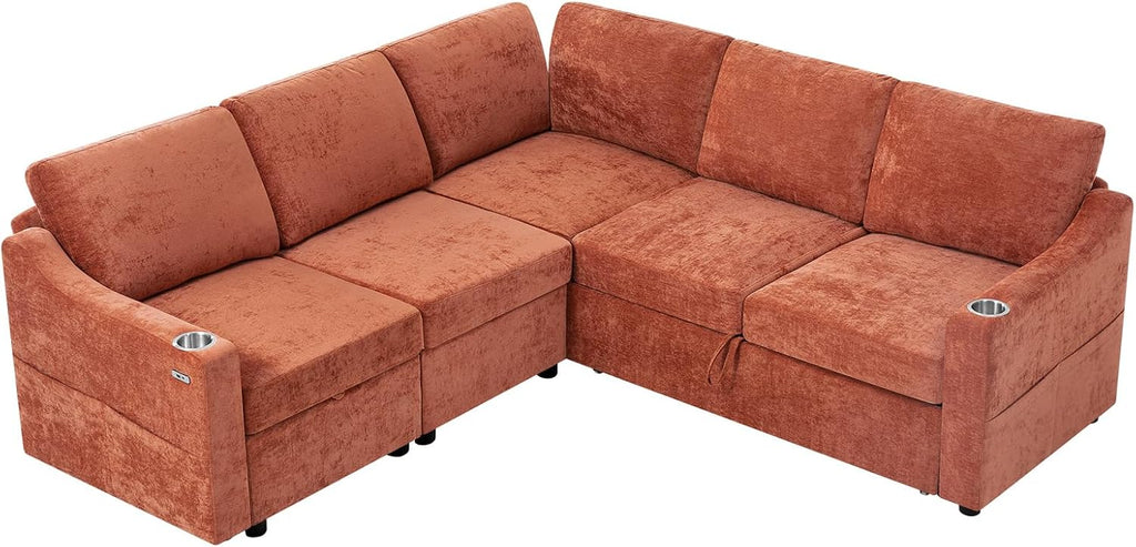 84' L-Shape Sectional Sofa Bed w/Adjustable Backrests, Chenille L-Shape Upholstered Pull Out Sofa Bed w/USB Ports, Convertible Corner Sleeper Couch w/Storage Space for Living Room, Orange