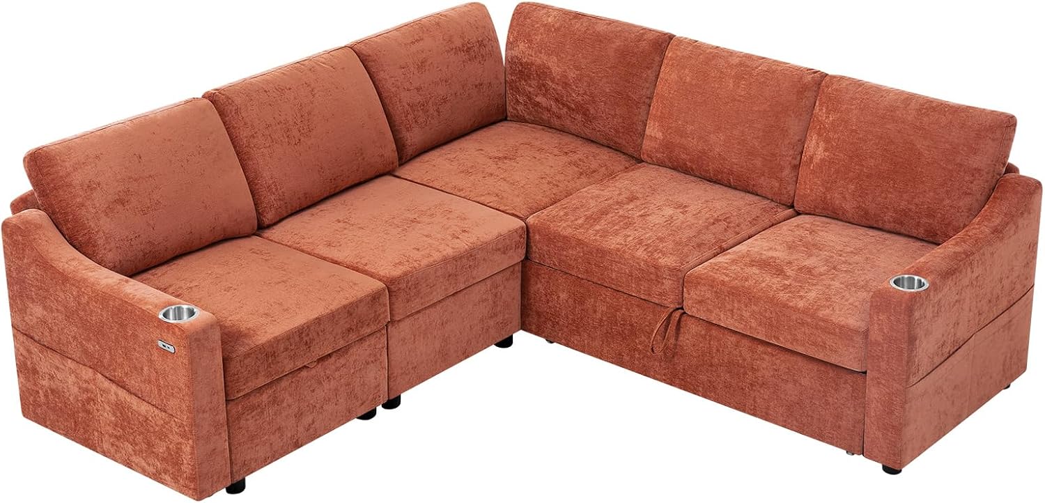 84' L-Shape Sectional Sofa Bed w/Adjustable Backrests, Chenille L-Shape Upholstered Pull Out Sofa Bed w/USB Ports, Convertible Corner Sleeper Couch w/Storage Space for Living Room, Orange