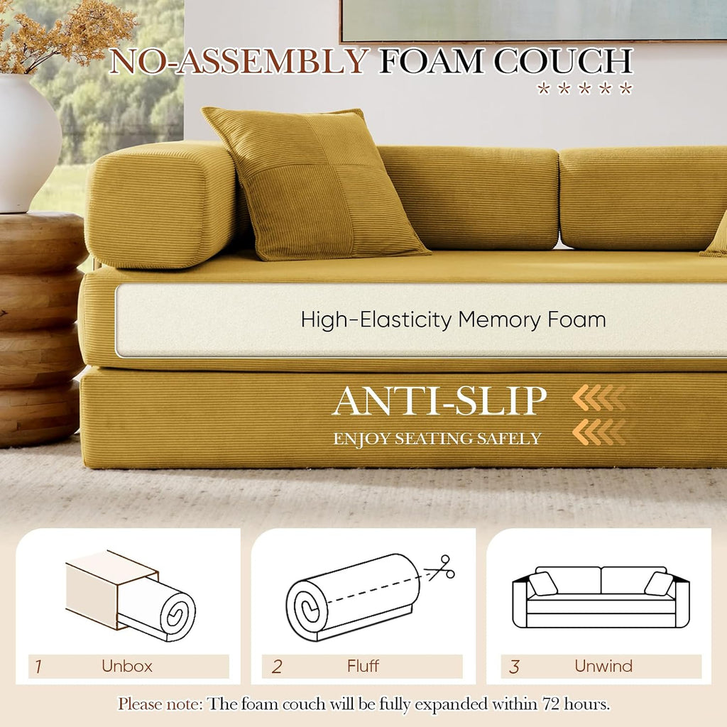 Modular Couch Bed, Convertible Folding Plush Corduroy Comfy Floor Memory Foam Compression Loveseat Sleeper Sofa Couch, King Size Bed for Guest Room Living Room Bedroom, No Assembly, Mustard Yellow