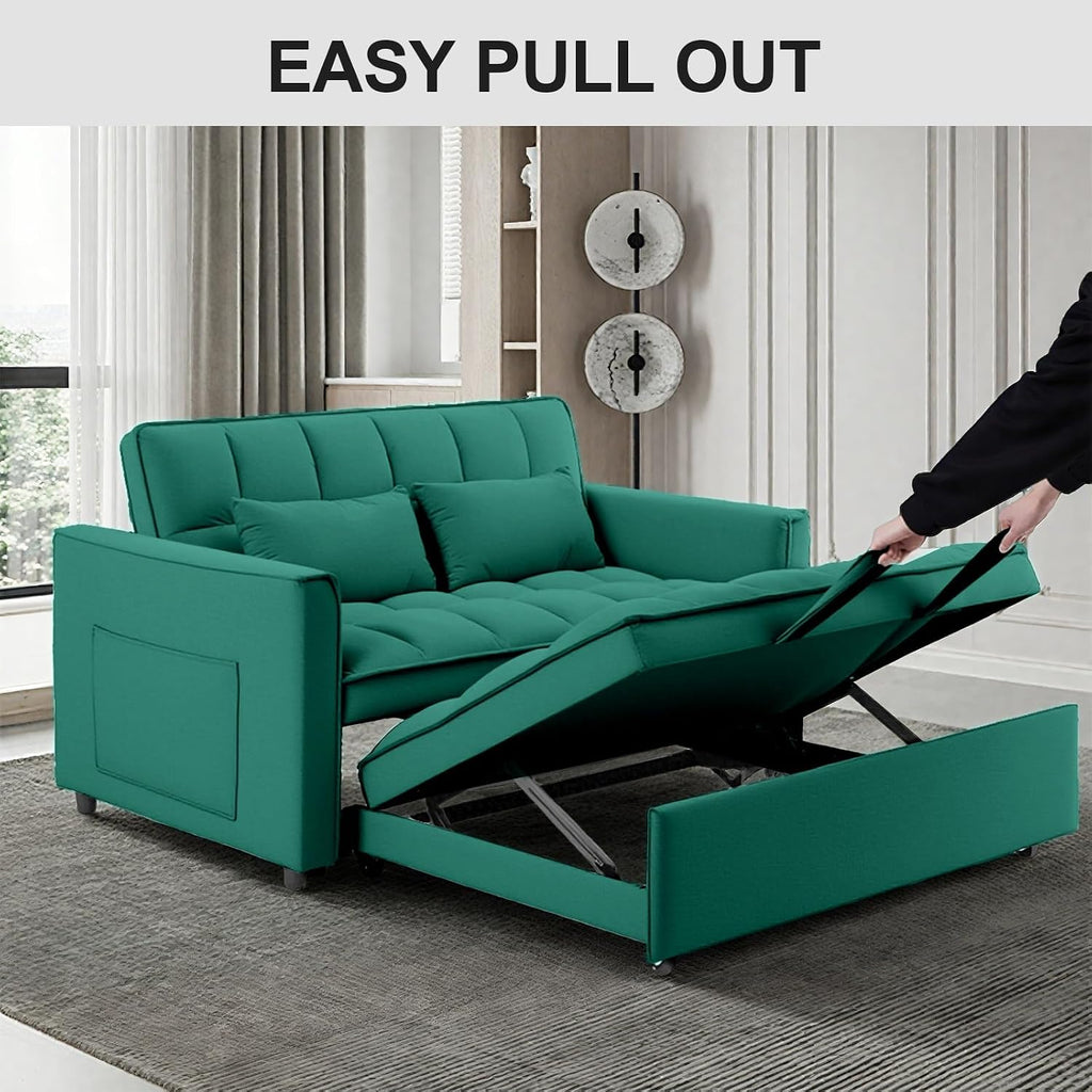 55in Pull Out Sofa Bed, 3 in 1 Convertible Sleeper Sofa Bed with Side Pockets & Adjustable Backrest, Velvet Fabric Loveseat Pull Out Couch for Living Room Bedroom Apartment & RV, Green