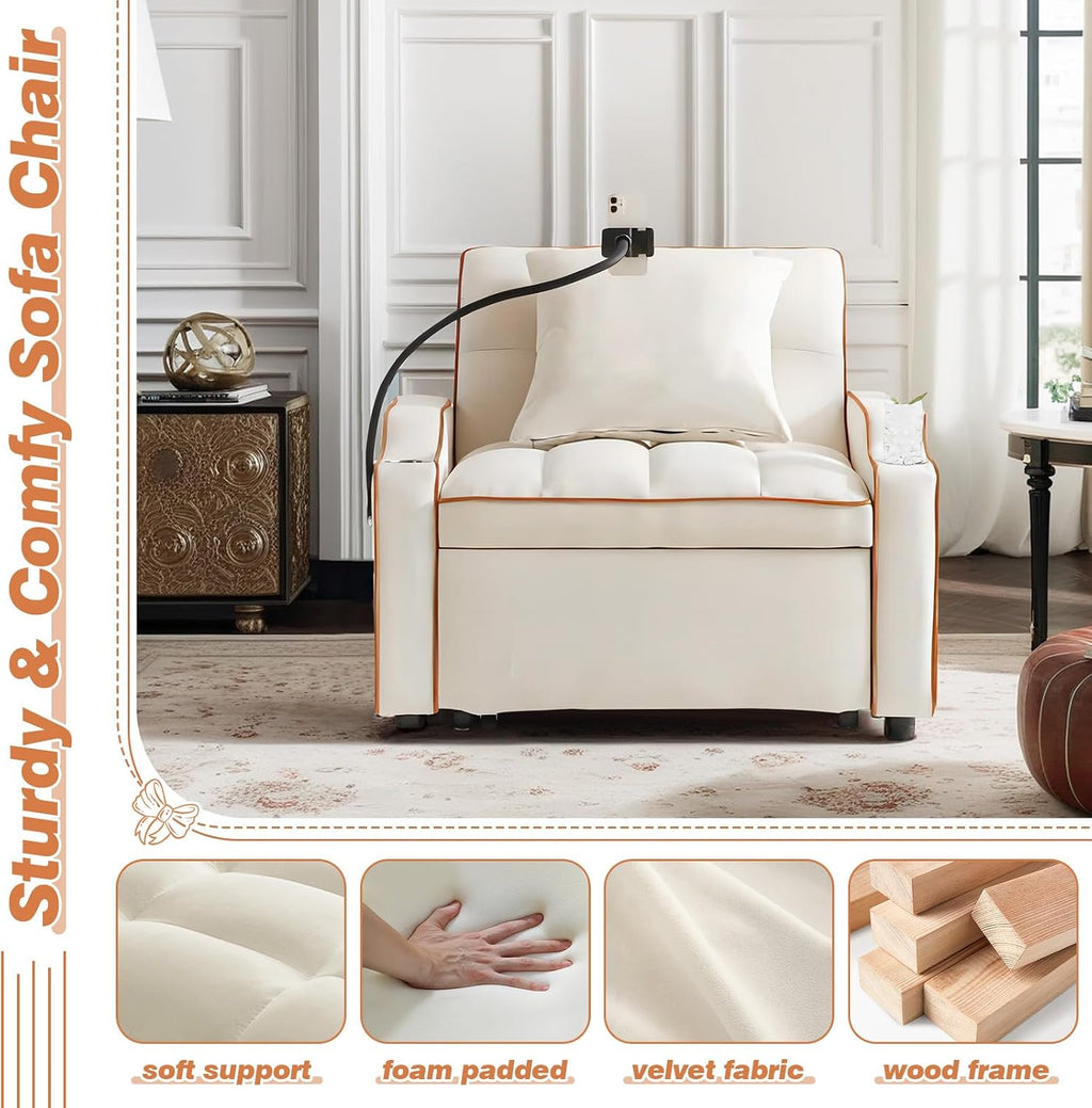 Antetek Sleeper Sofa Chair Bed with Charging Ports & Phone Holder & Cup Holder, Modern Velvet 3 in 1 Convertible Pull Out Single Sofa Chair Bed for Small Spaces Apartment, Beige
