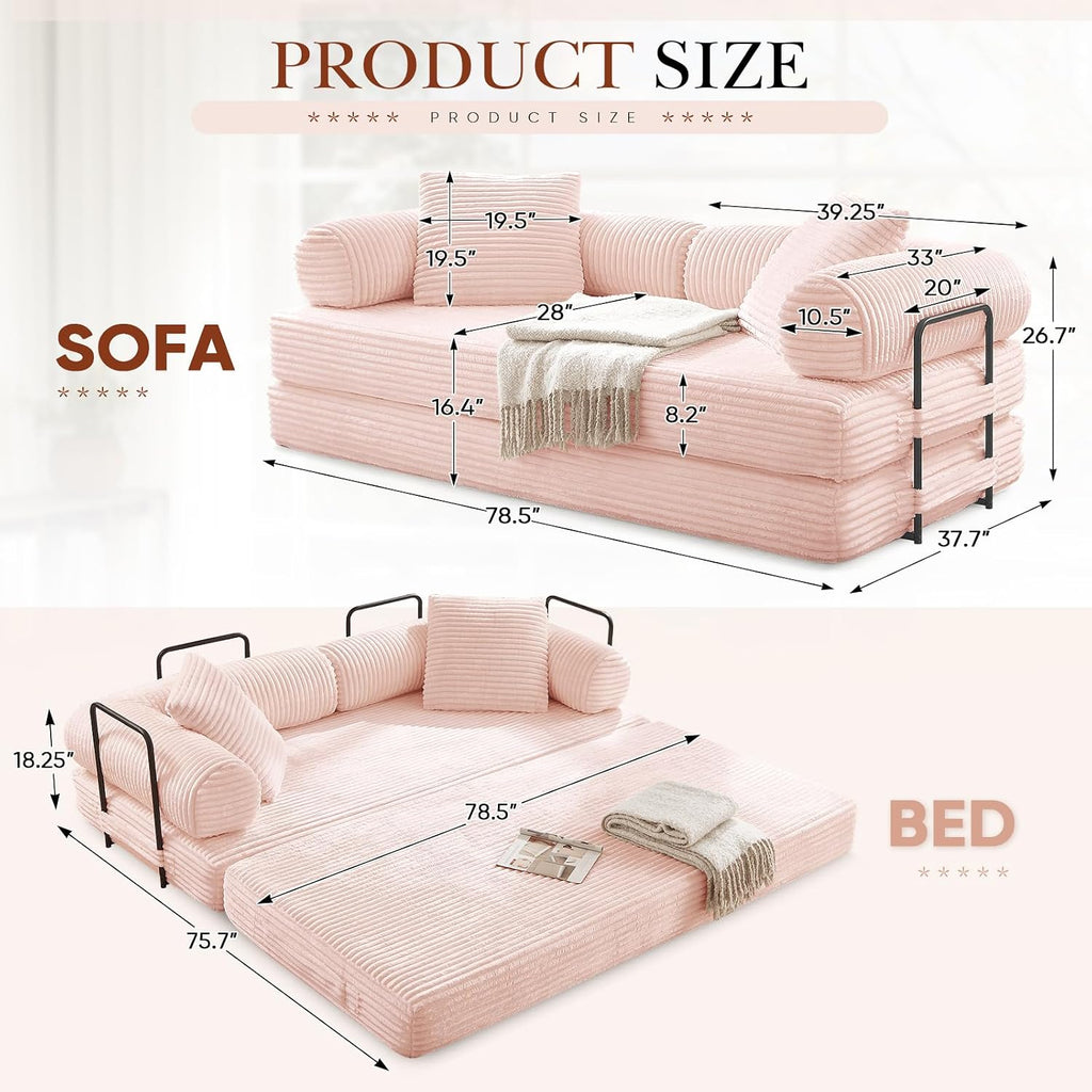 Modular Couch Bed, Convertible Folding Plush Corduroy Comfy Floor Memory Foam Compression Loveseat Sleeper Sofa Couch, King Size Bed for Guest Room Living Room Bedroom, No Assembly Required, Pink