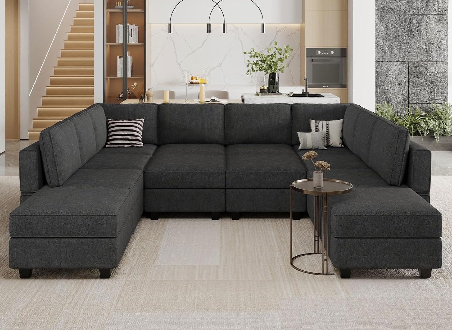 Belffin Terry Fabric Oversized U Shaped Sectional Sofa with Chaise Modular Sectional Sofa Couch for Living Room Convertible Sleeper Bed. Black Couch