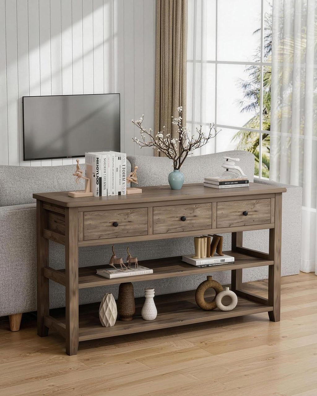 Karl home Console Table with 3 Drawers, 47' Farmhouse Wash Grey Entryway Sofa Table with Silent Slide Rails & Anti-Fall Guardrails for Hallway, Living Room, Foyer, Office