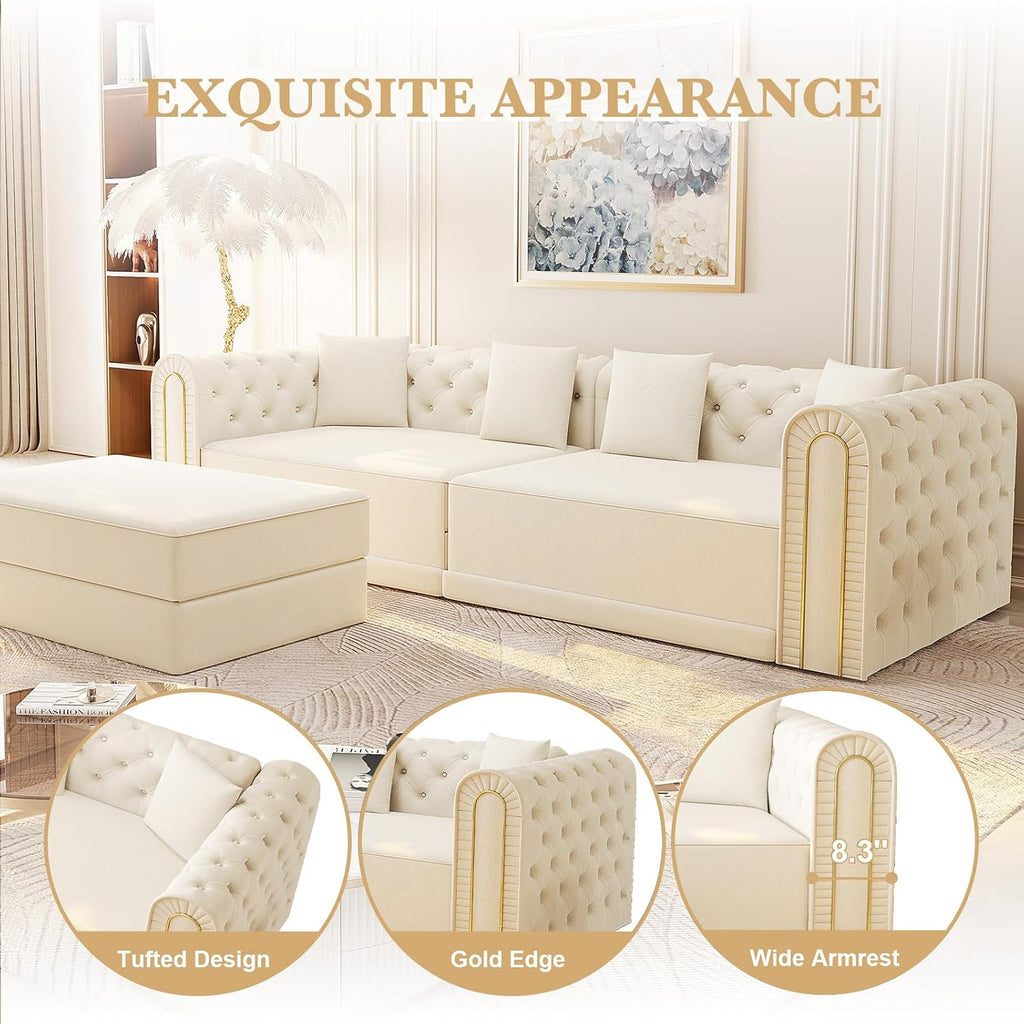 90.6'' Futon Sofa Bed, Chesterfield Velvet Sleeper Sofa, Convertible Floor L-Shaped Couch, Tufted Back, 4 Pillows, Gold Edge Trim, Deep Loveseat Couches for Living Room, Apartment, Gold Beige