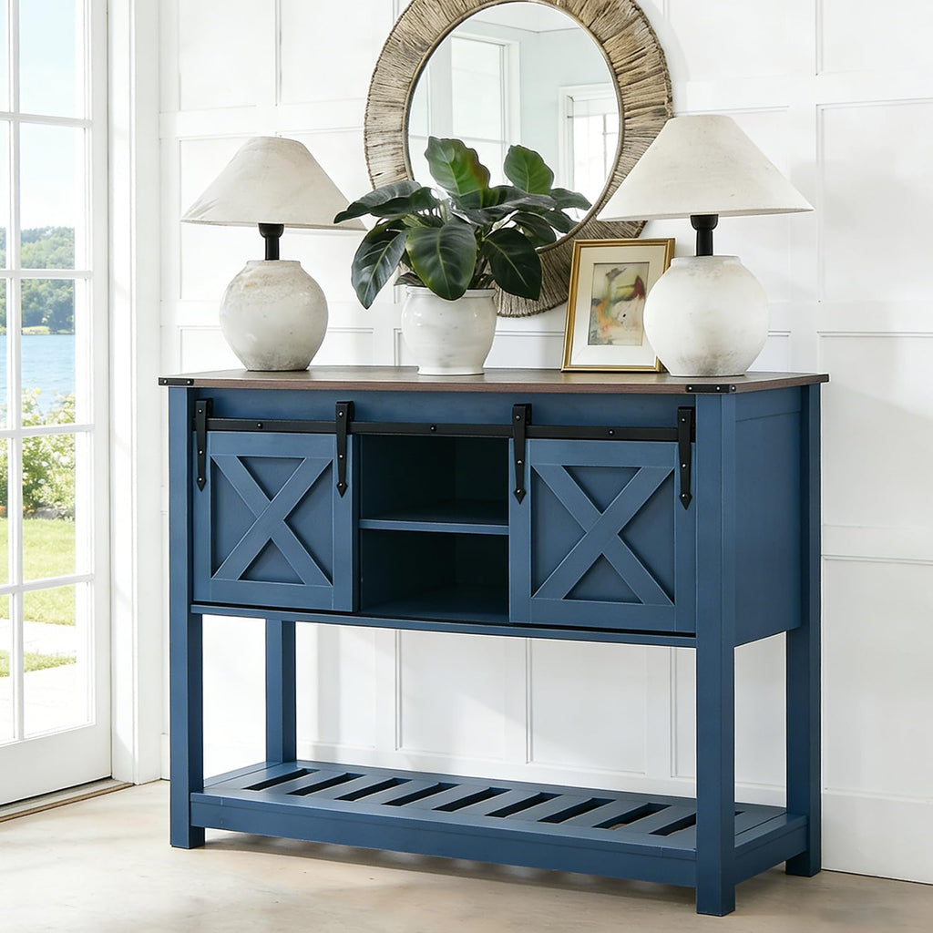 Farmhouse Entryway Table with Sliding Barn Doors, Wood Console Table with Storage Shelf, Rustic Sofa Table for Living Room, Entryway, Foyer, Blue