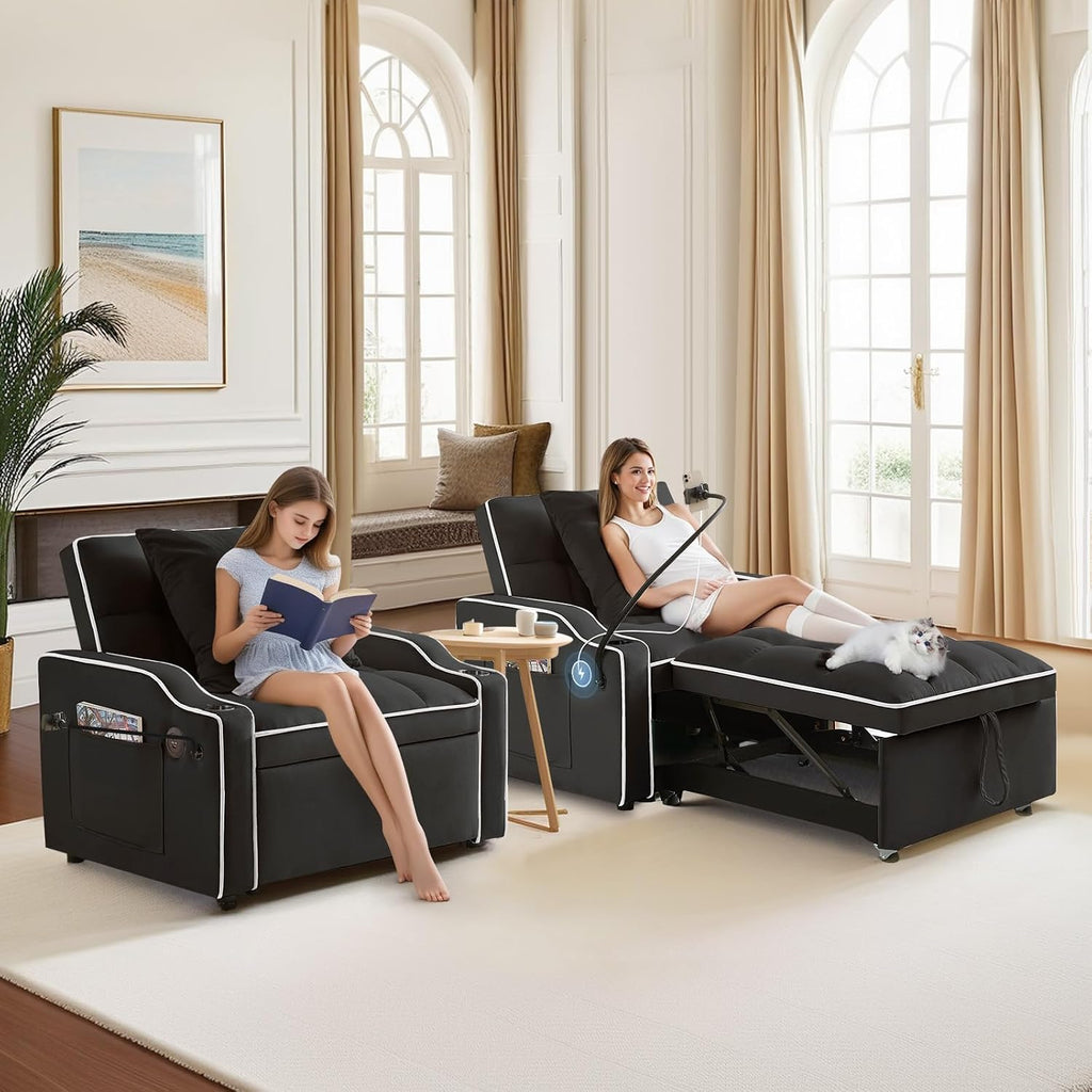 Sleeper Sofa Chair Bed with Charging Ports & Phone Holder & Cup Holder, Modern Velvet 3 in 1 Convertible Pull Out Single Sofa Chair Bed for Small Spaces Apartment, Black
